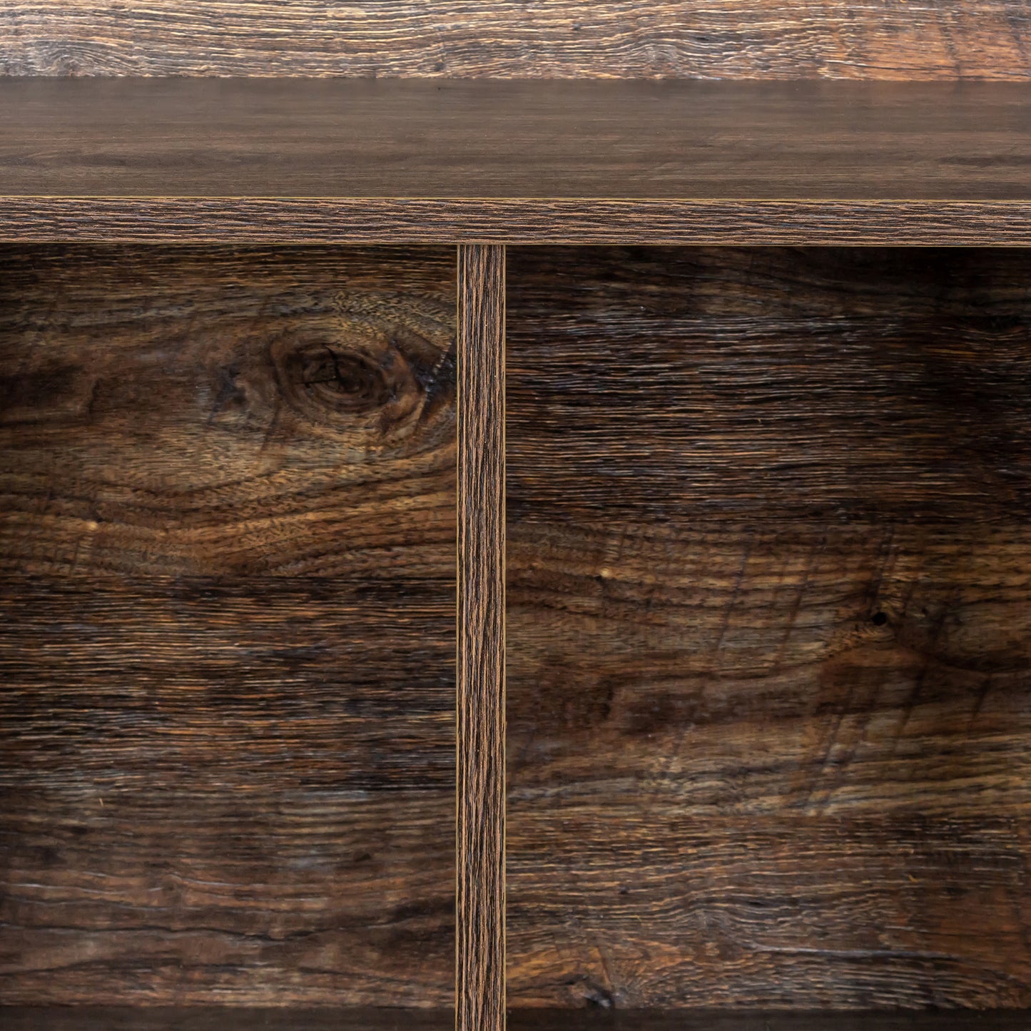 Dark brown distressed wood shelf panel with visible grain texture