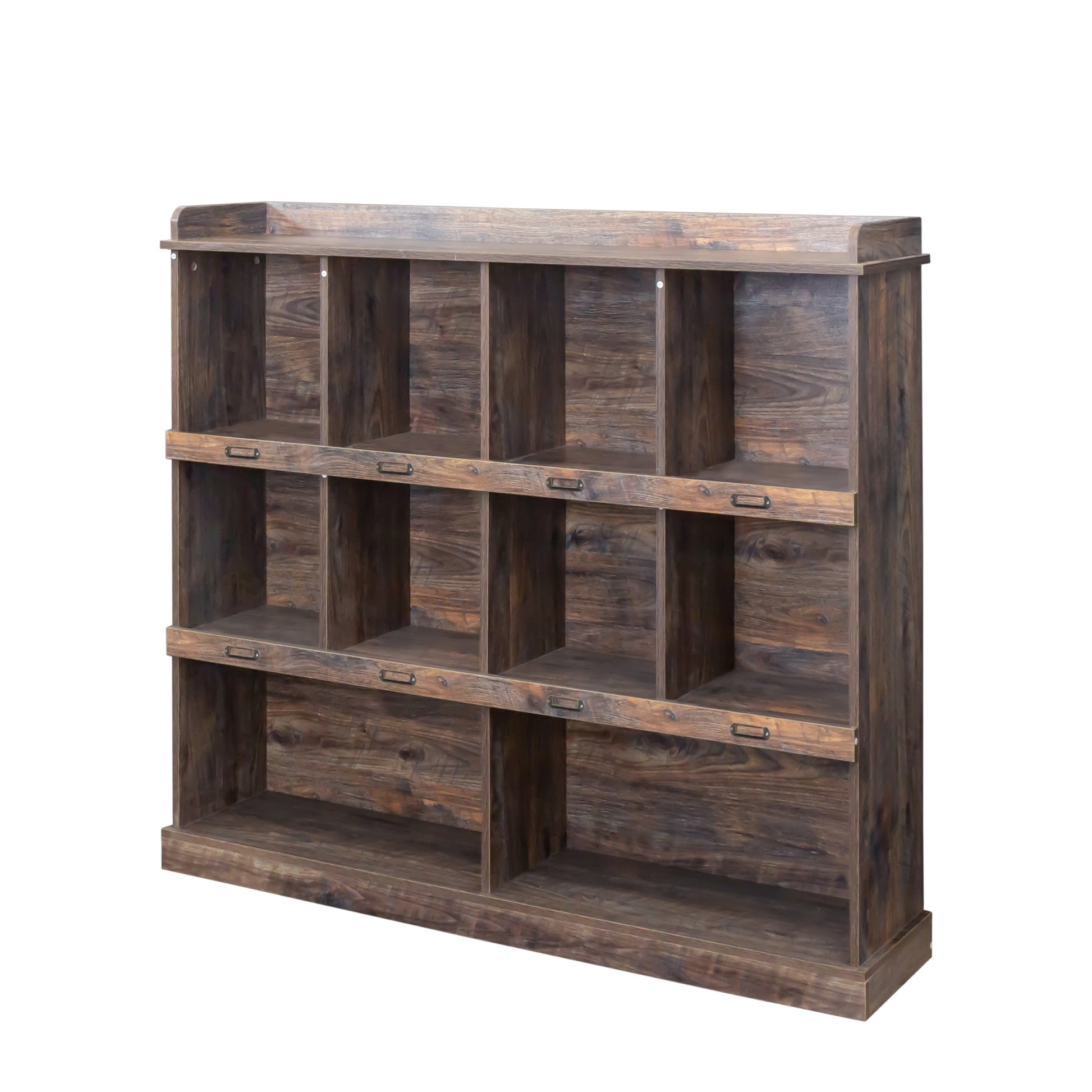 Rustic dark wood bookshelf with  cubbies and metal label pulls for storage
