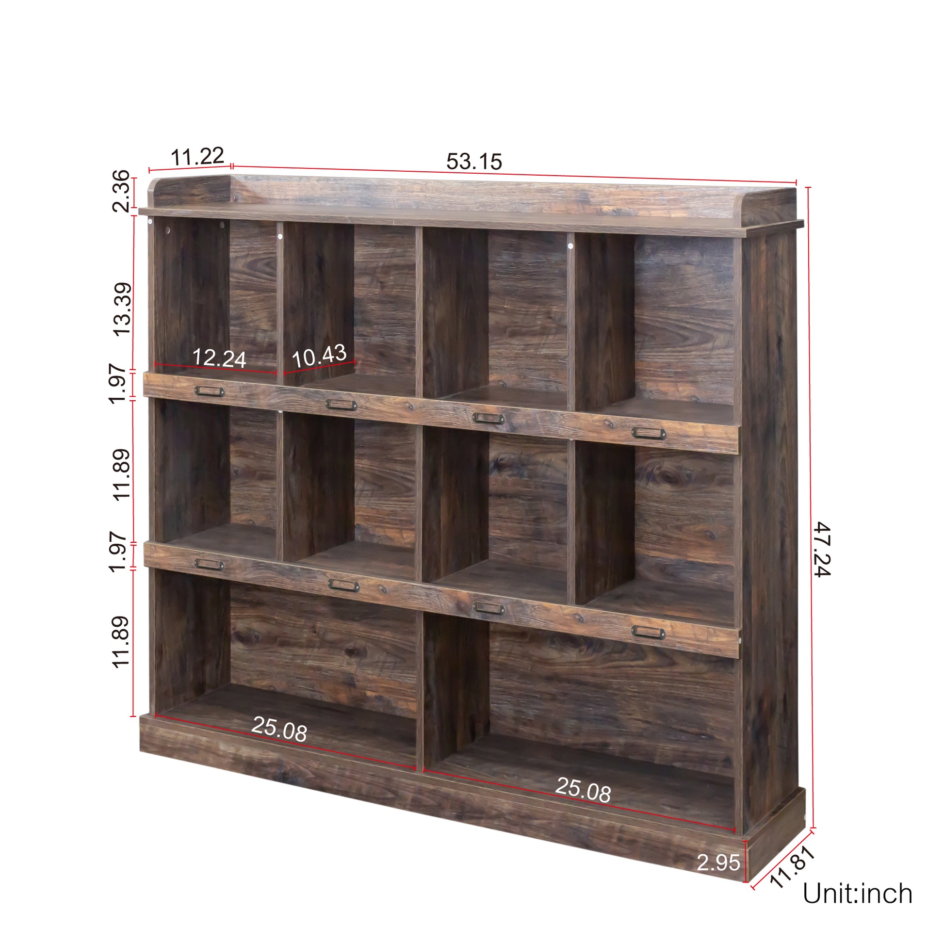 Rustic wooden bookcase with  cubbies