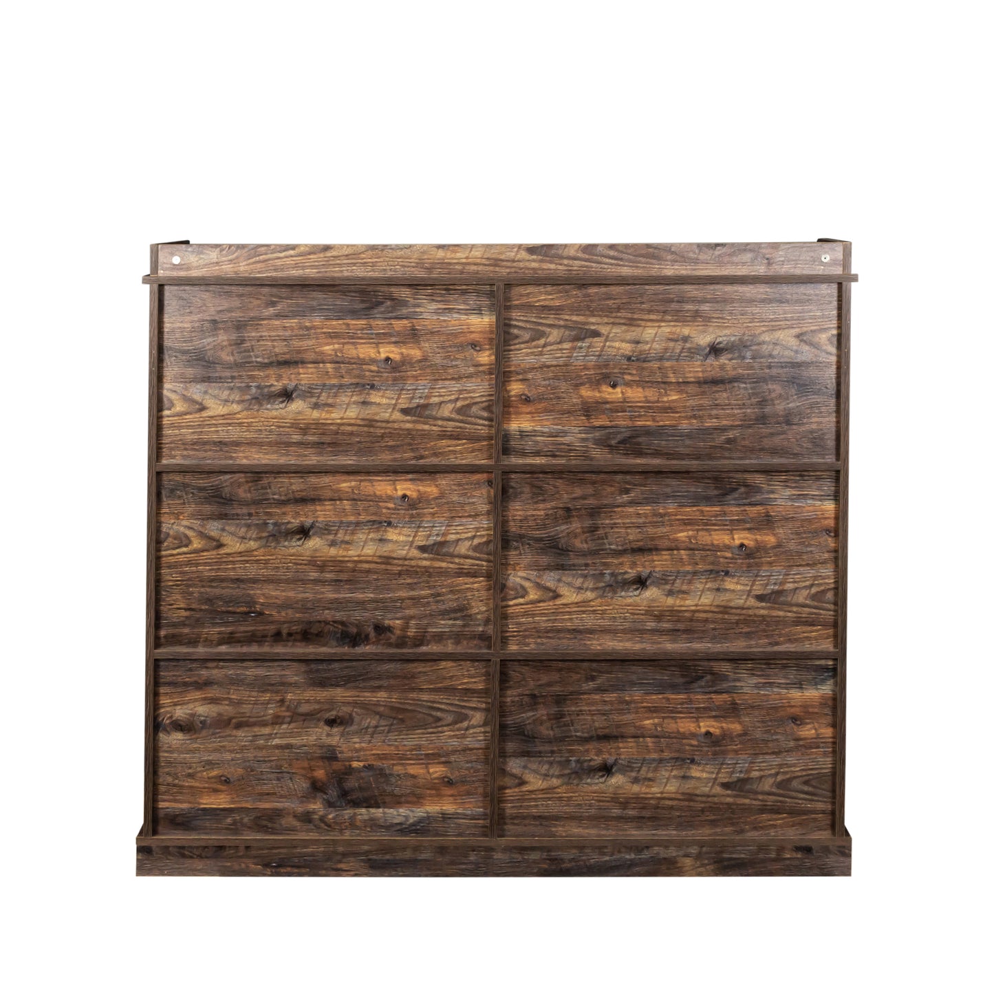 Rustic wood storage cabinet with eight drawers and dark wood finish