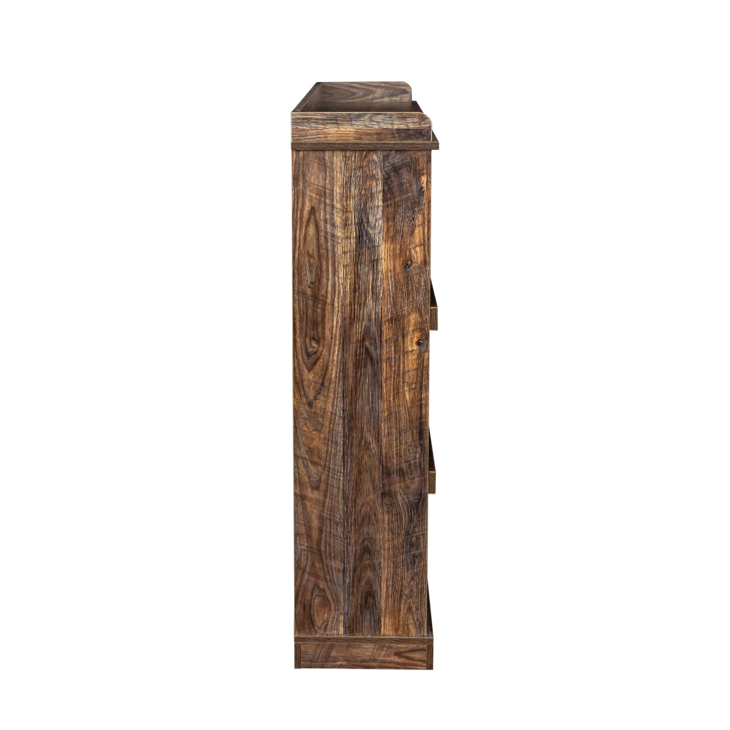 Rustic brown wood bookshelf side view with visible grain texture