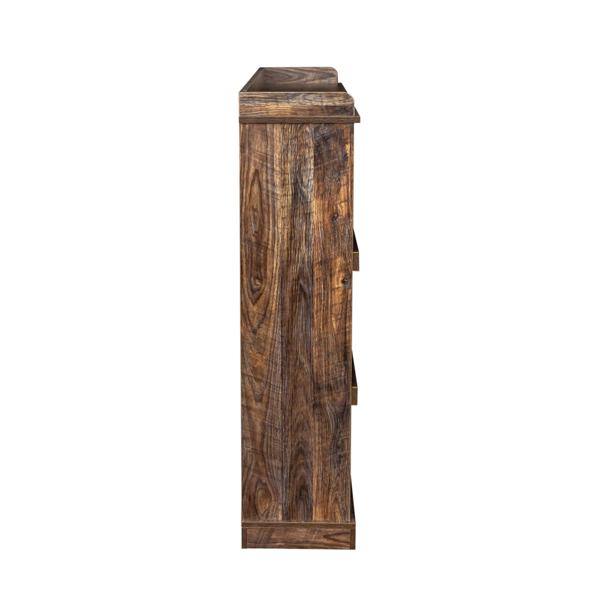 Rustic brown wood bookshelf side view with visible grain texture