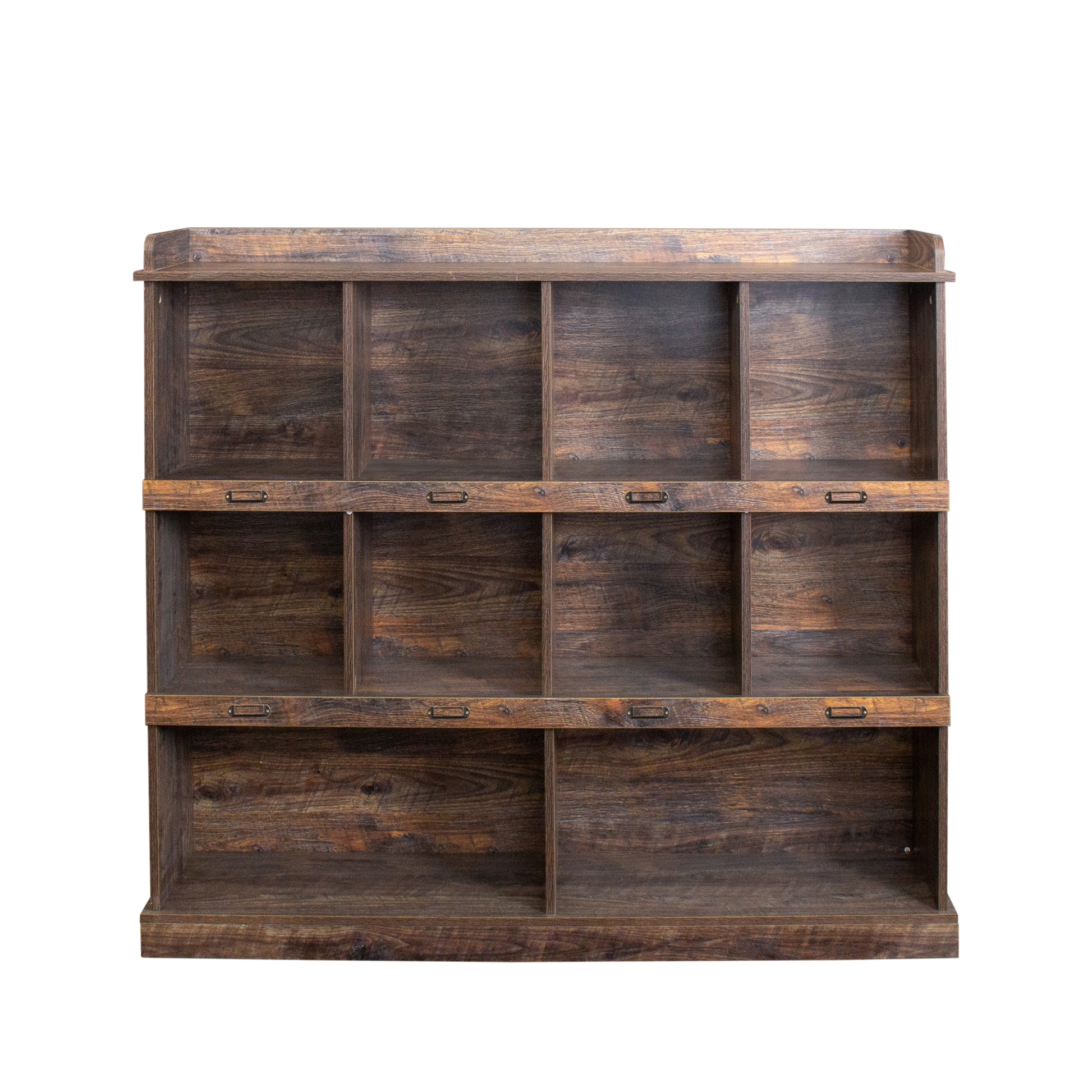 Rustic dark wood multicompartment display shelf