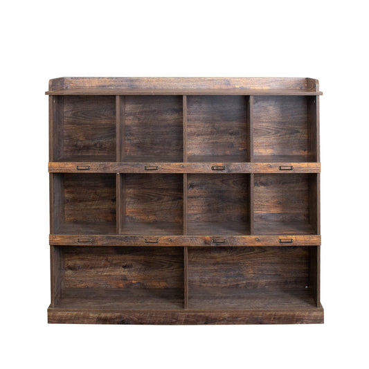 Rustic dark wood multicompartment display shelf