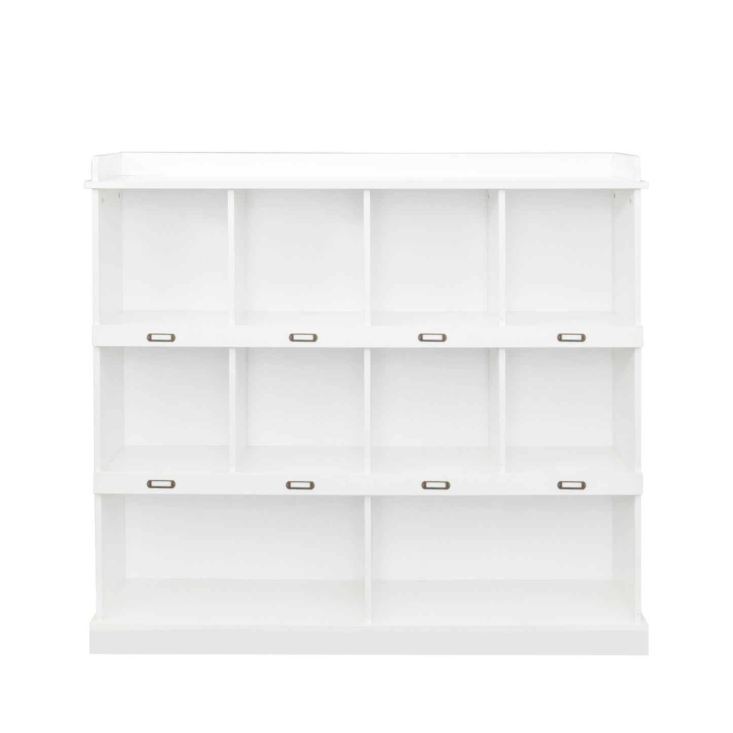 White wooden shelf unit with  cubbies and antique brass drawer pulls