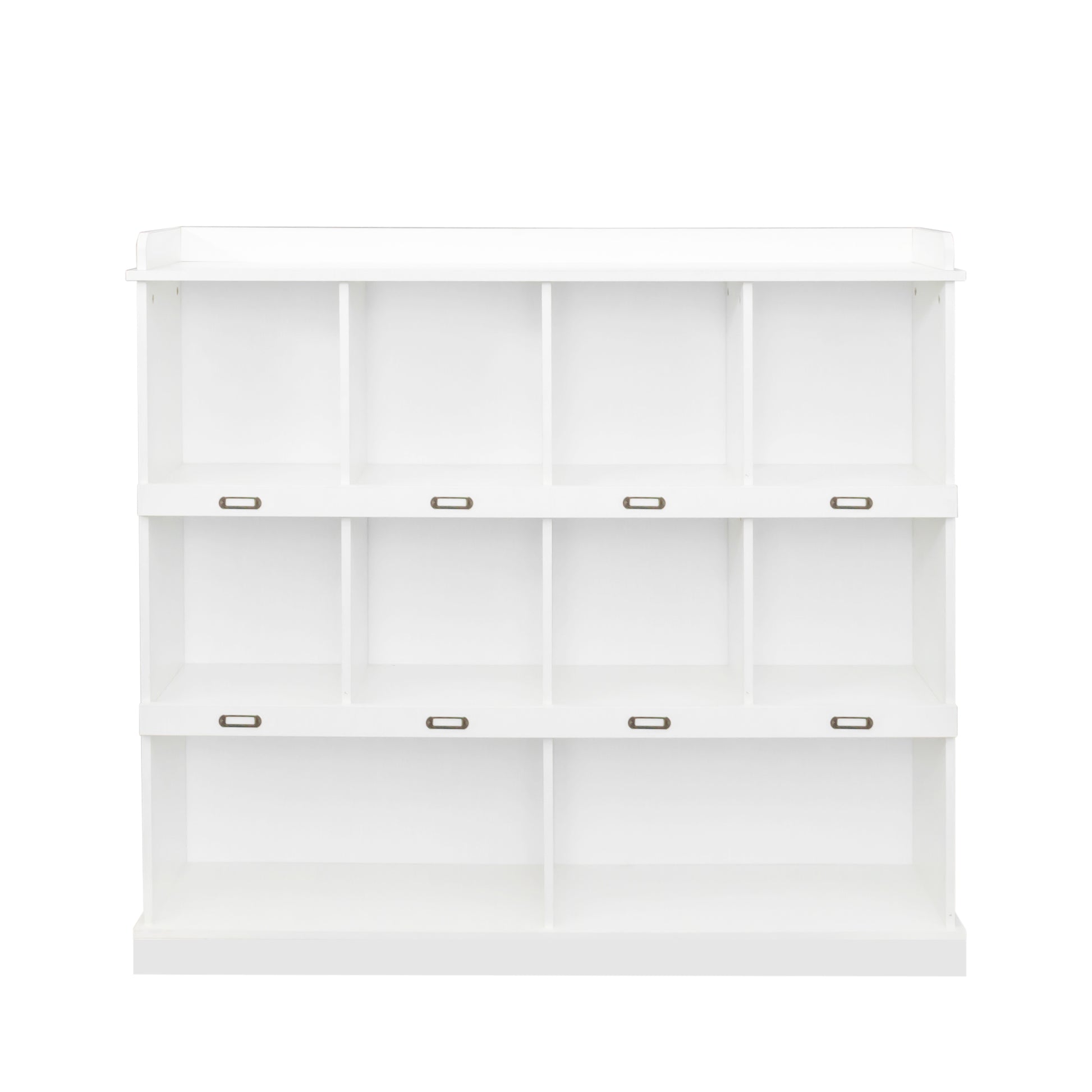 White wooden shelf unit with  cubbies and antique brass drawer pulls