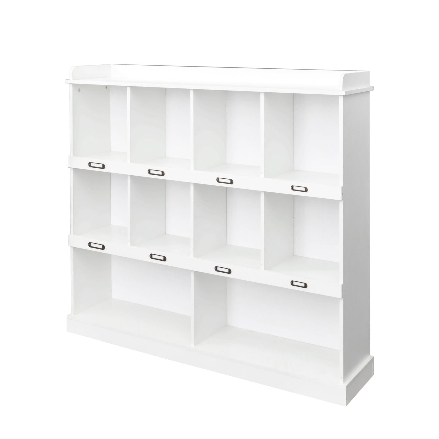 White wood bookcase with twelve cubbies and label holders