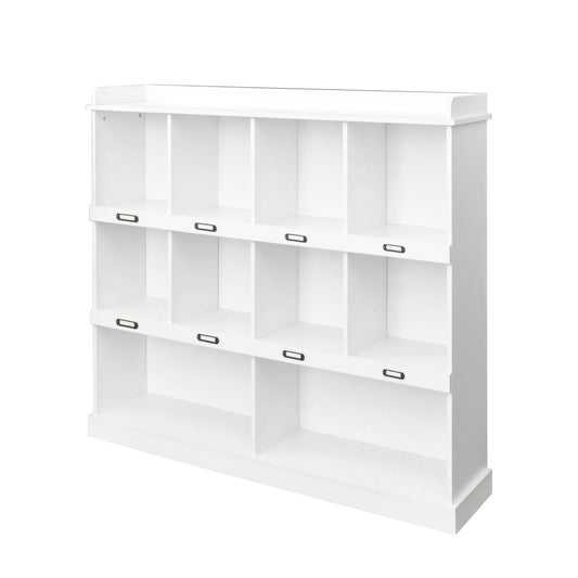 White wood bookcase with twelve cubbies and label holders
