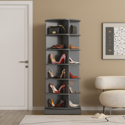 Gray rotating shoe rack with various high heels and handbags