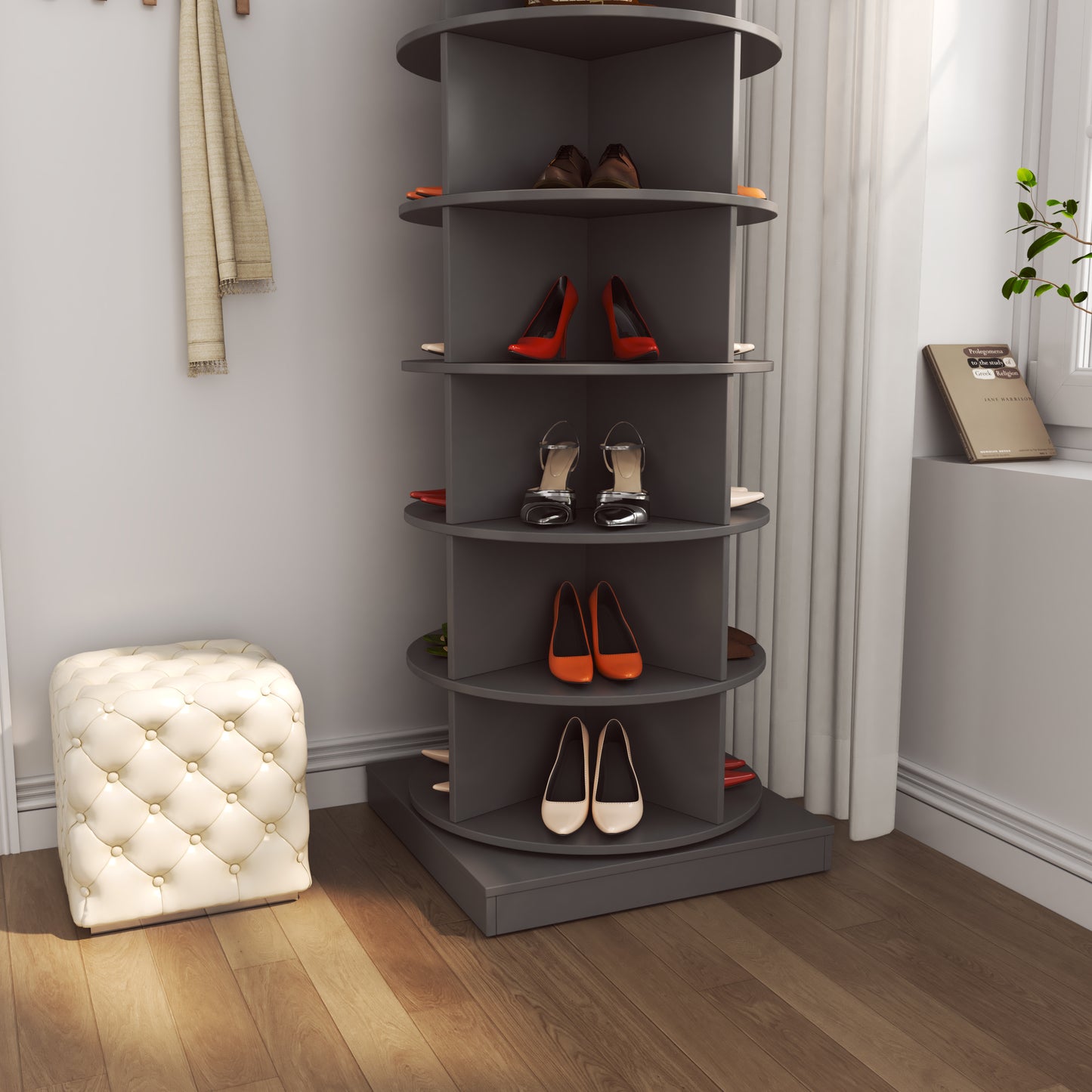 Brown leather oxford shoes on a gray rotating shoe rack shelf