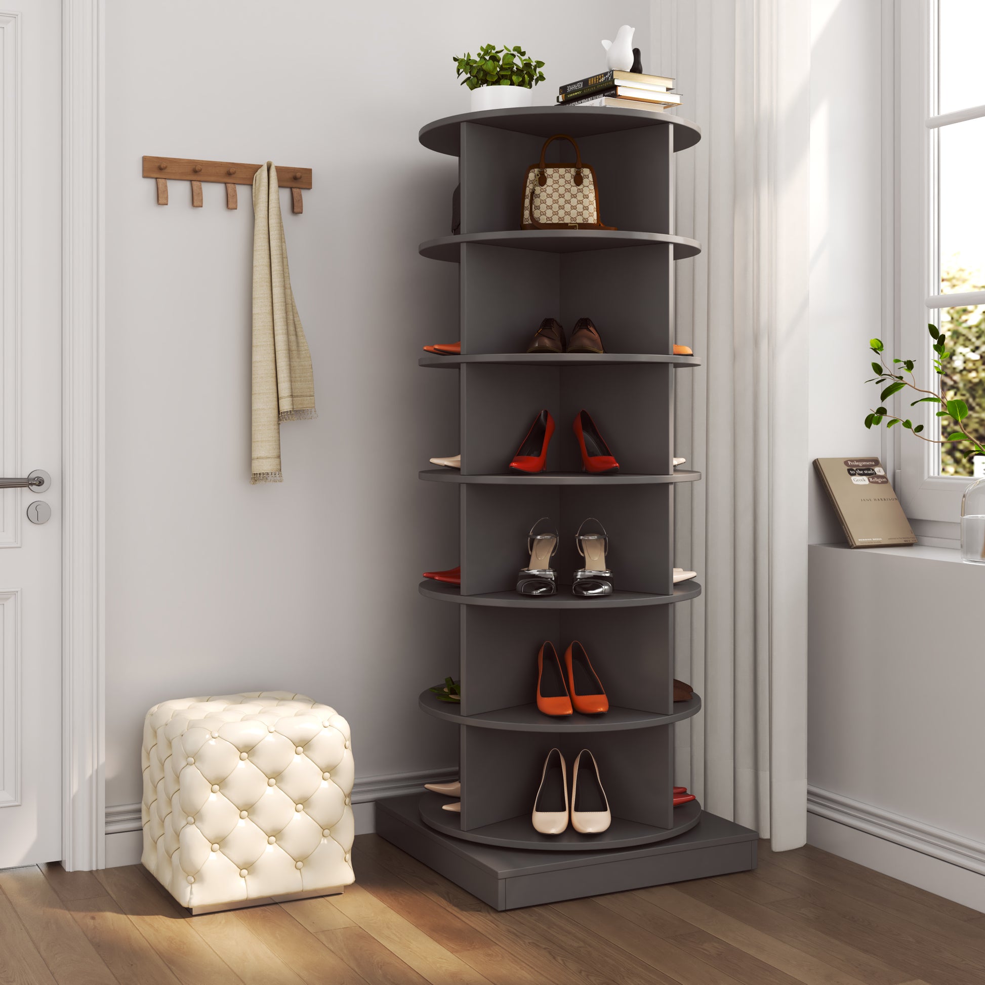Modern gray rotating shoe rack with multiple shelves