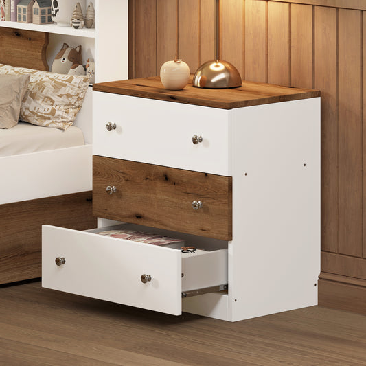 White and wood grain drawer dresser with metal knobs