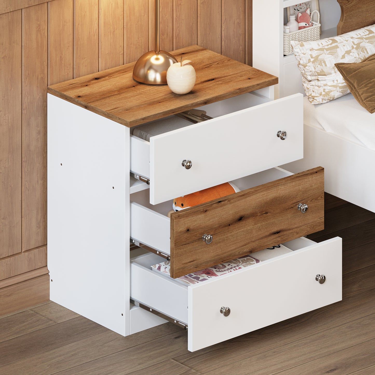 White and wood grain threedrawer nightstand with silver knobs