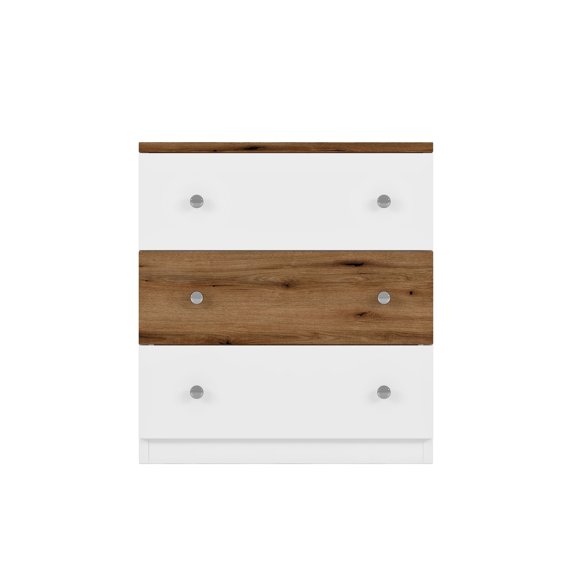 White and wood threedrawer chest with silver knobs