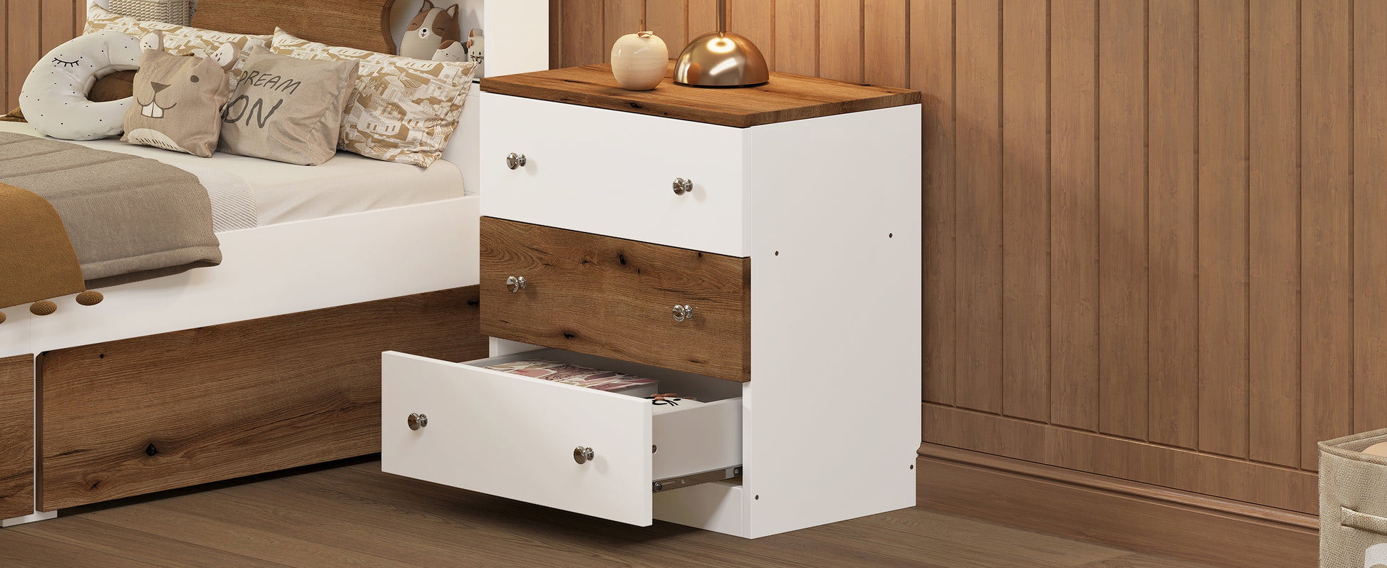 White and wood bedside table with open drawer