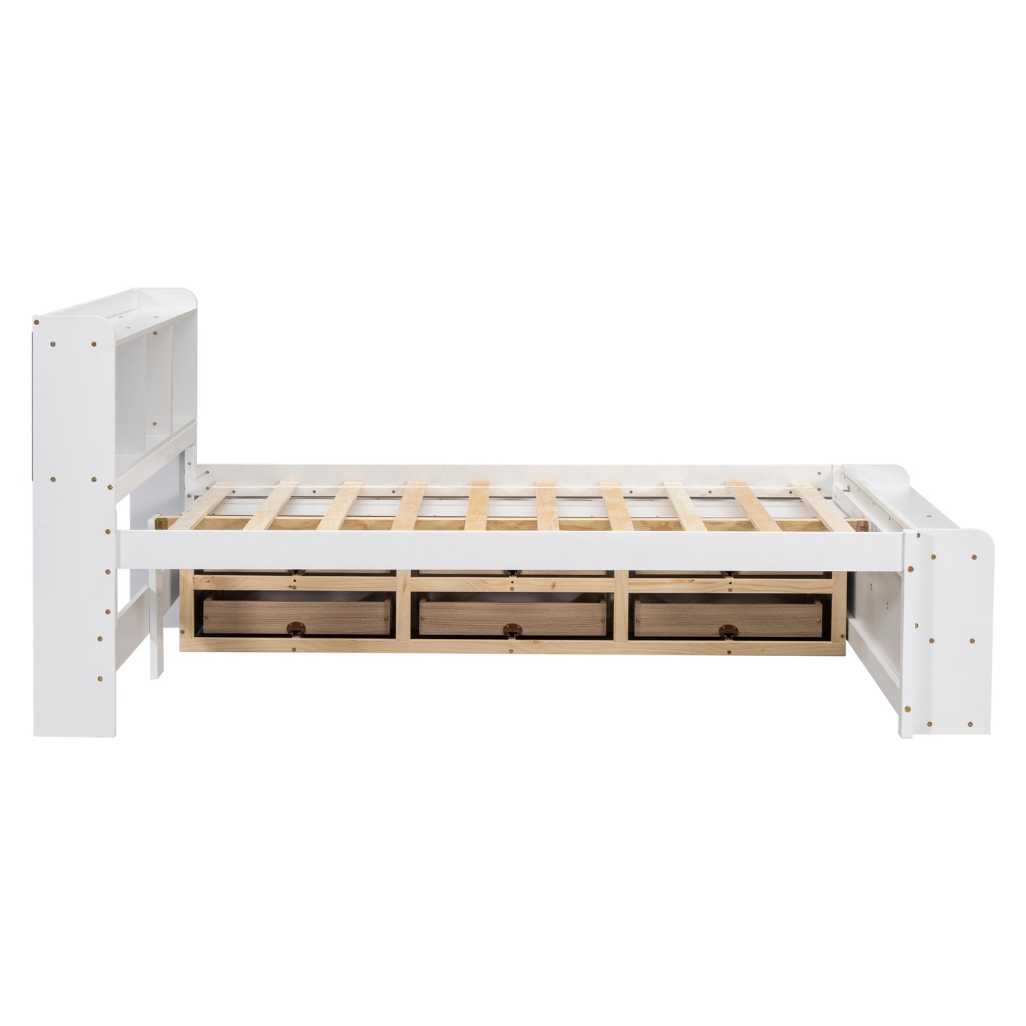 White twin bed frame with storage drawers and bookshelf headboard