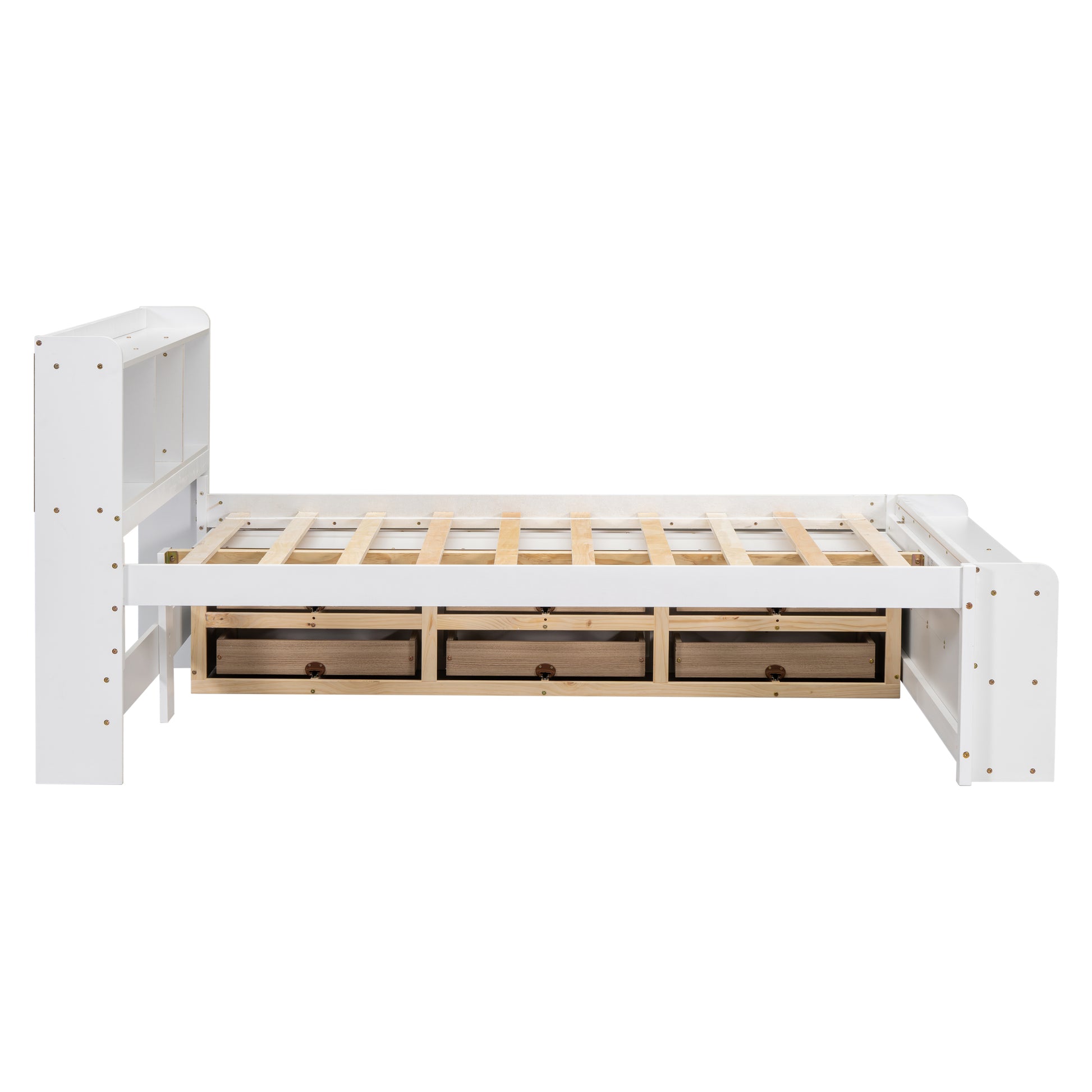 White twin bed frame with storage drawers and bookshelf headboard