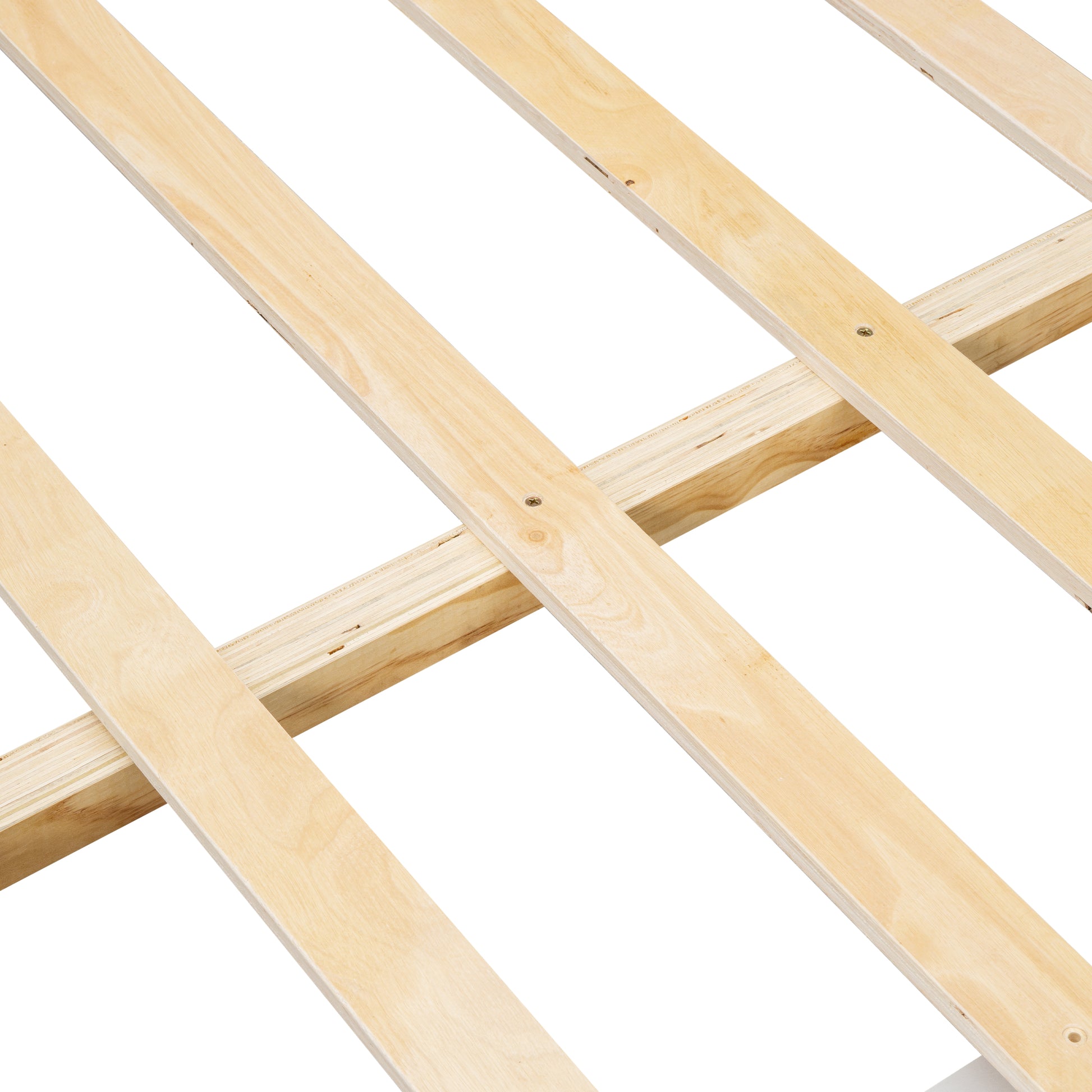 Closeup of natural wood slats forming a sturdy bed frame