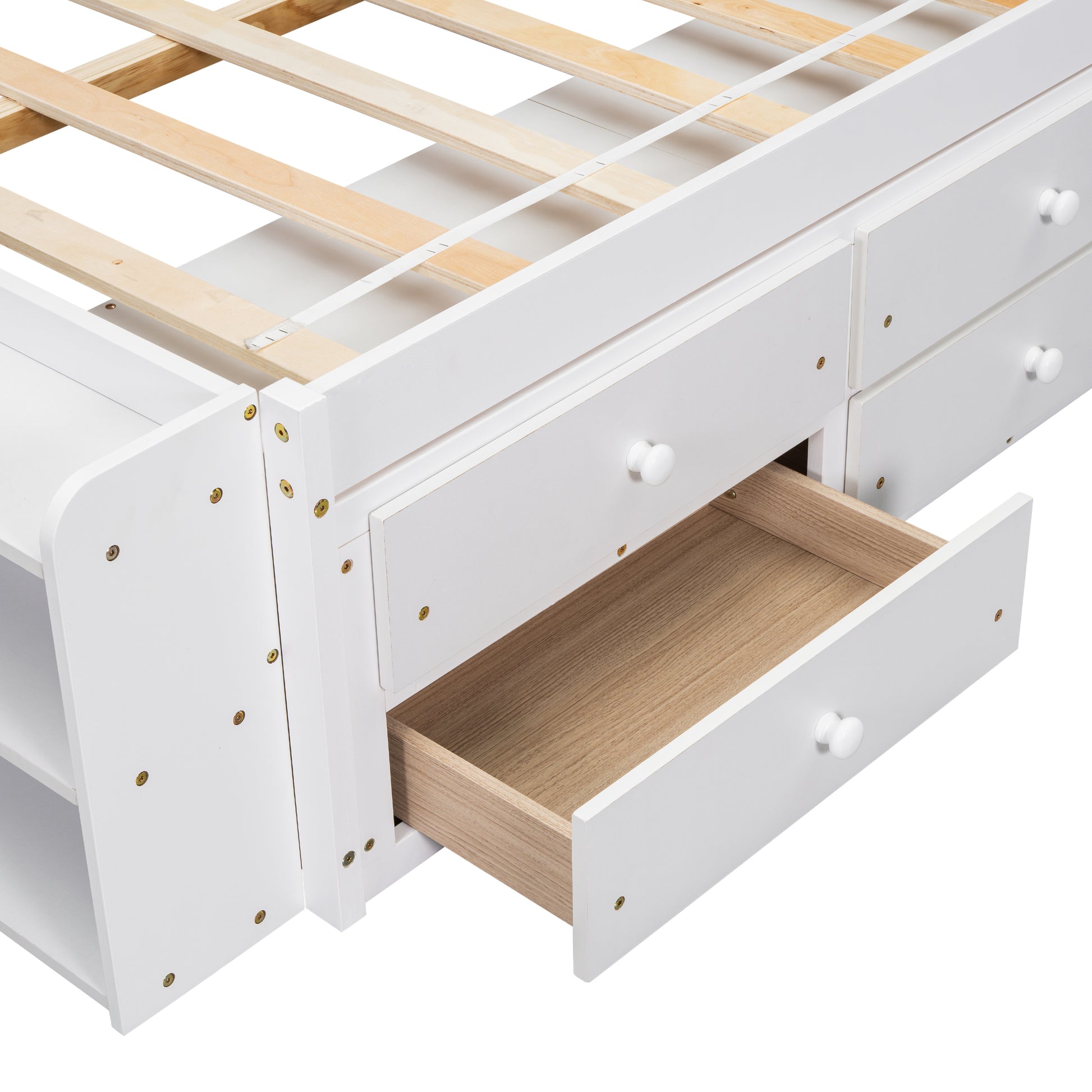White wood bed frame with visible drawer and shelving unit