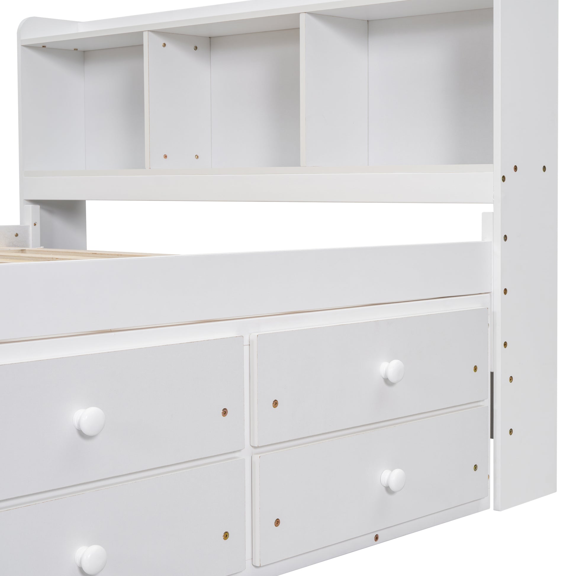 White wooden bunk bed with builtin drawers and shelf