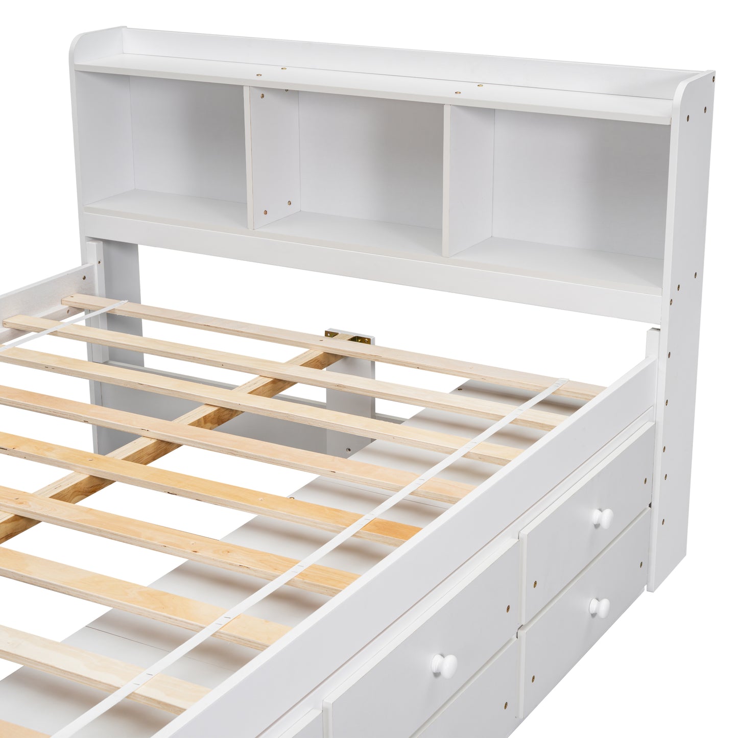 White wood captains bed with builtin storage drawers and a bookshelf headboard