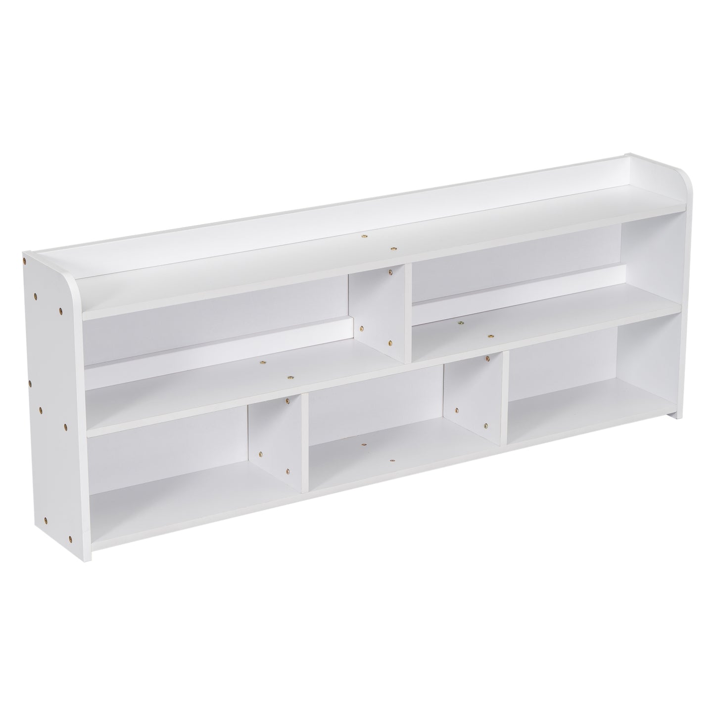 White wooden media console with open shelving and clean lines
