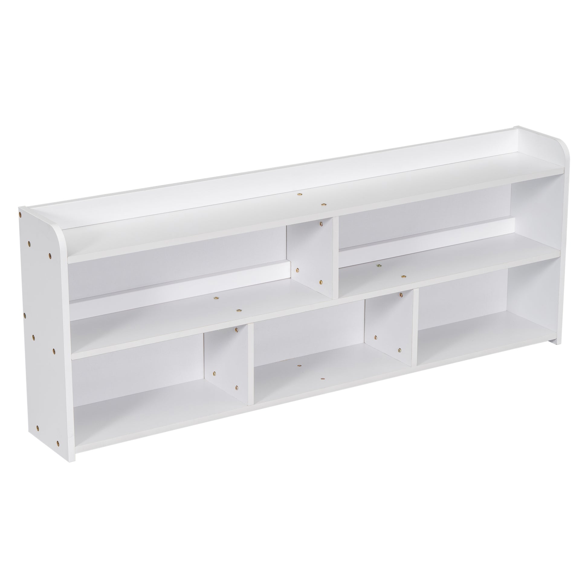 White wooden media console with open shelving and clean lines