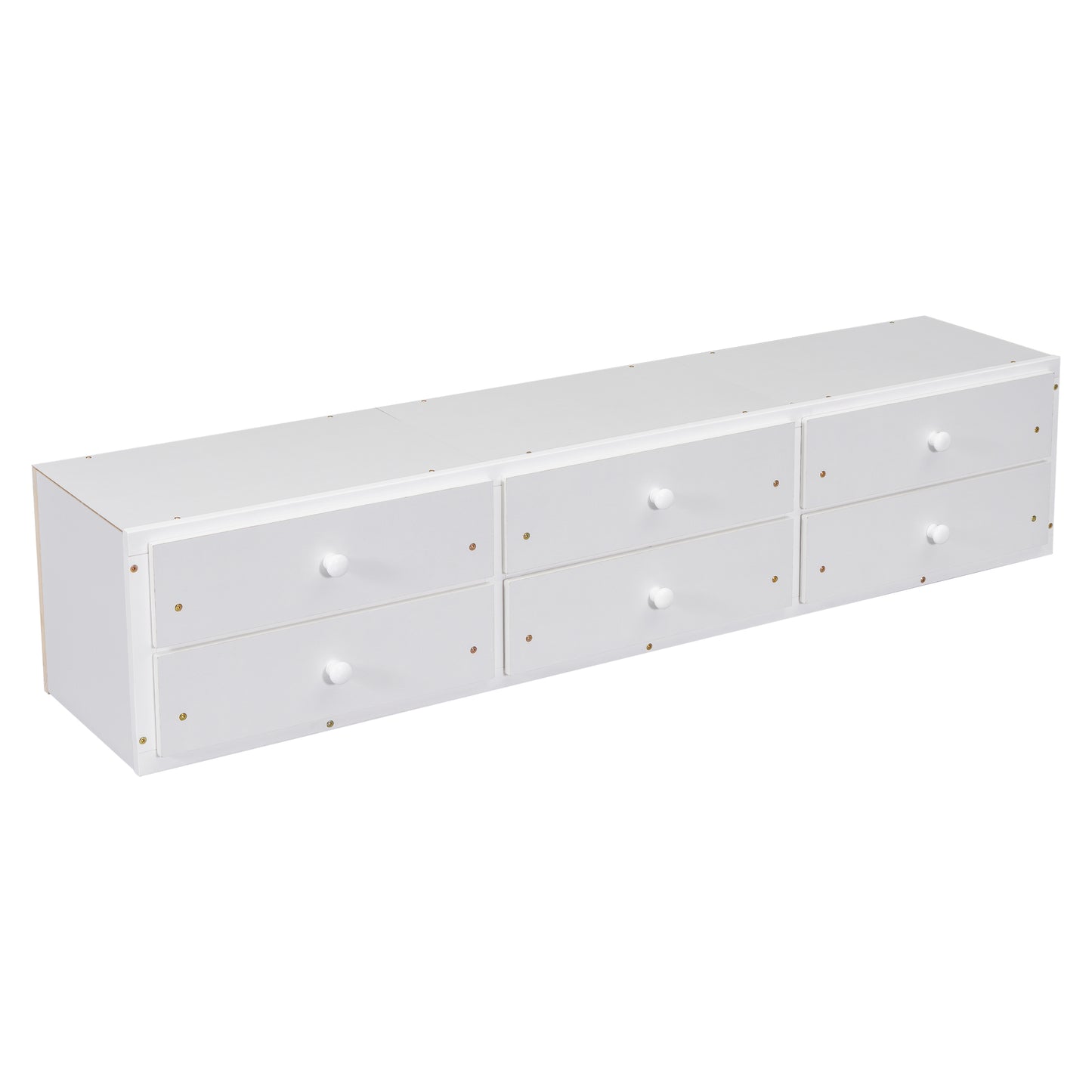 White sixdrawer dresser with round knobs