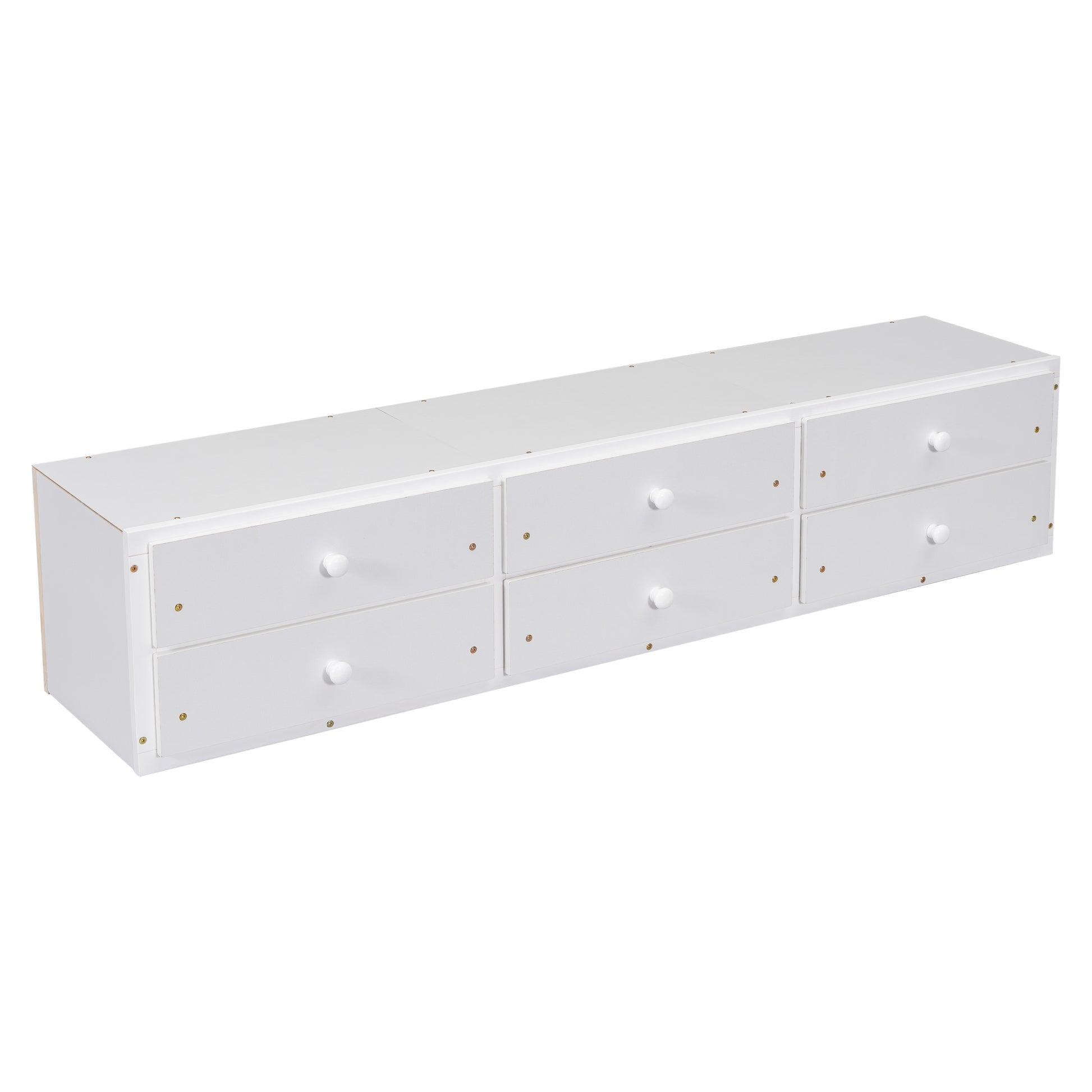 White sixdrawer dresser with round knobs