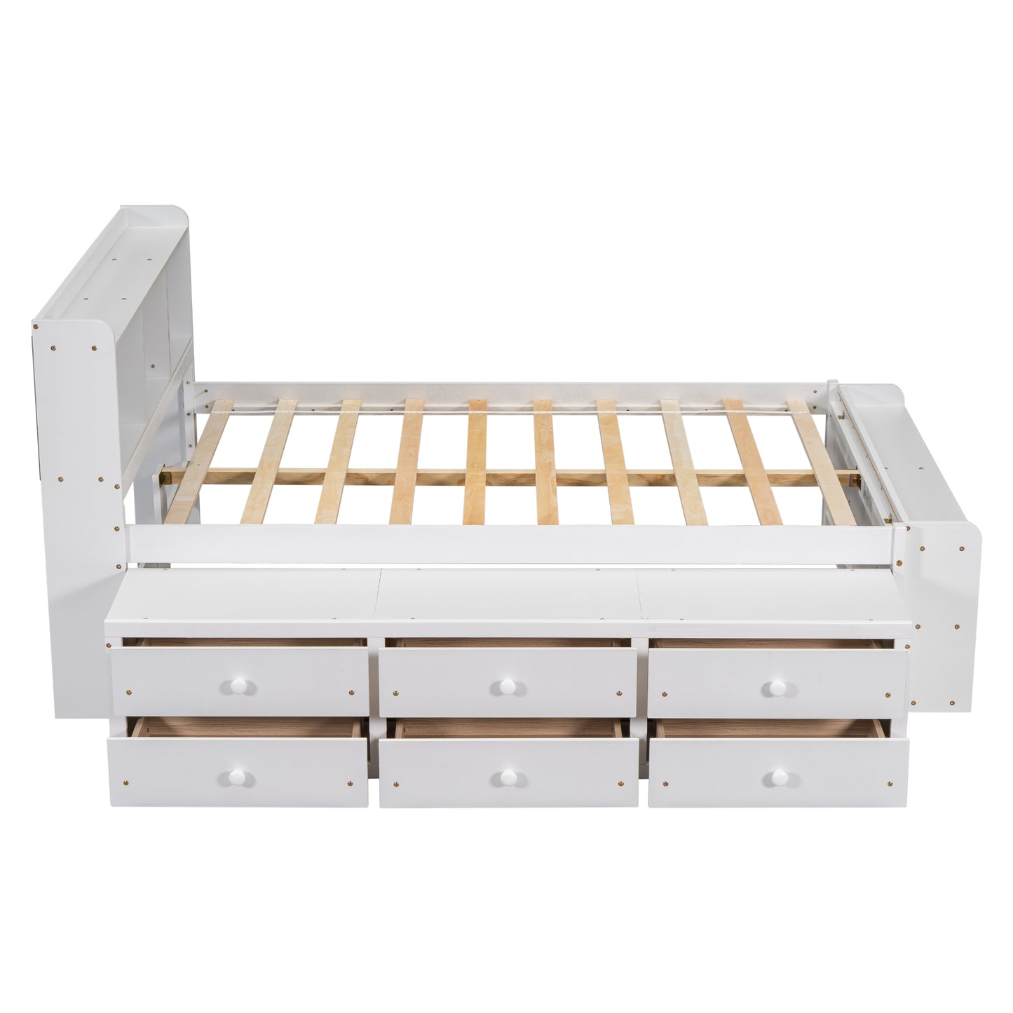 White wooden twin bed frame with six drawers and open slats
