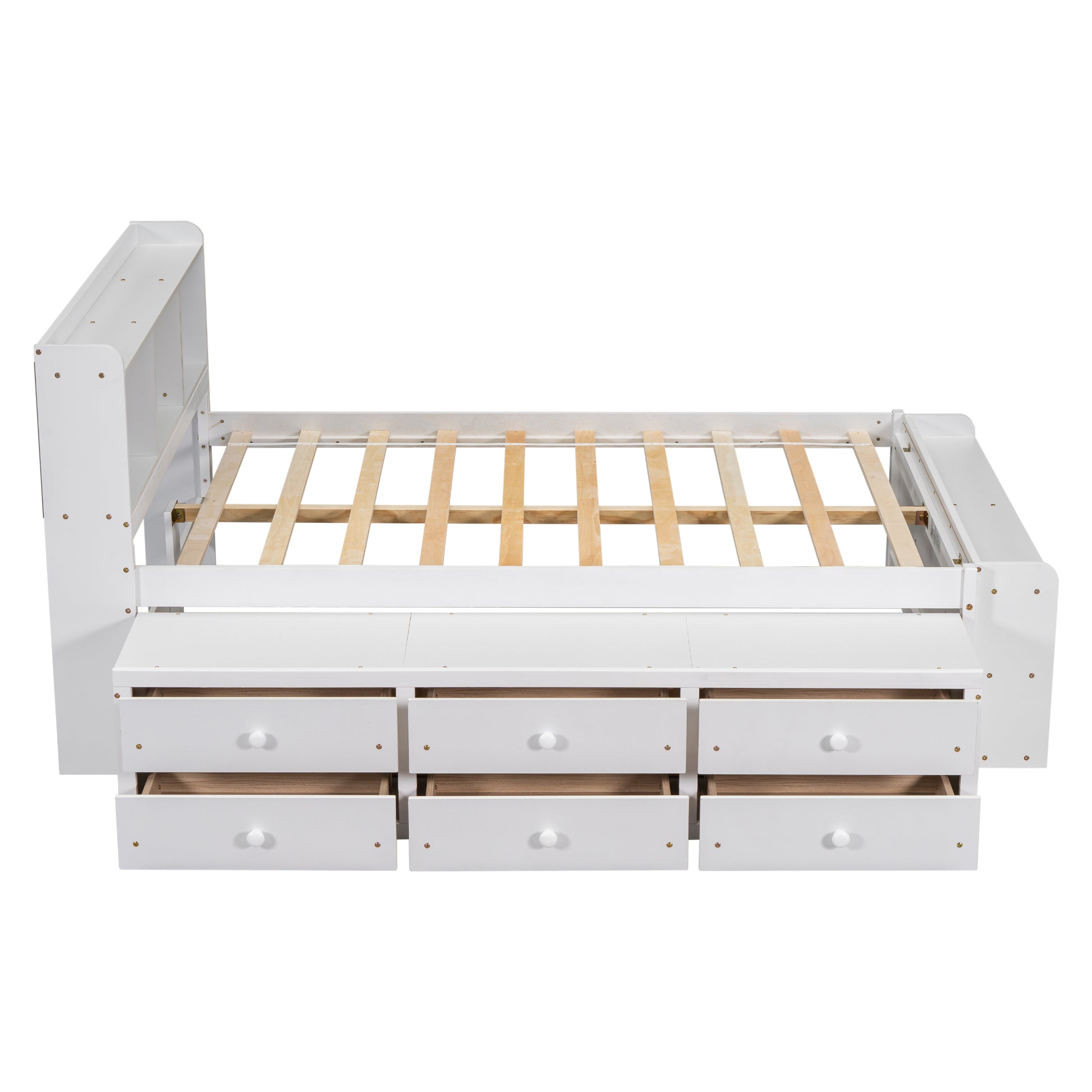 White wooden twin bed frame with six drawers and open slats