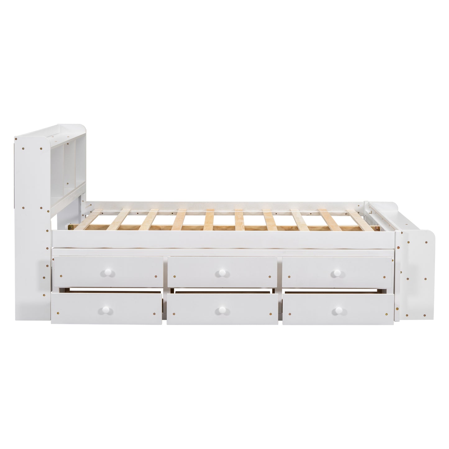 White twin bed frame with six drawers and a bookcase headboard