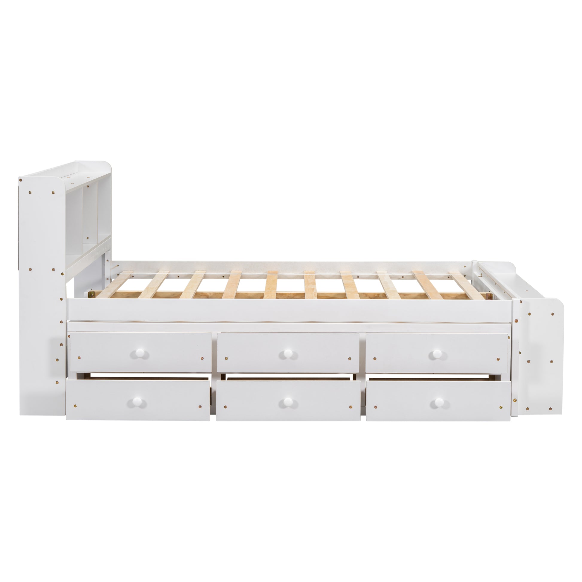 White twin bed frame with six drawers and a bookcase headboard