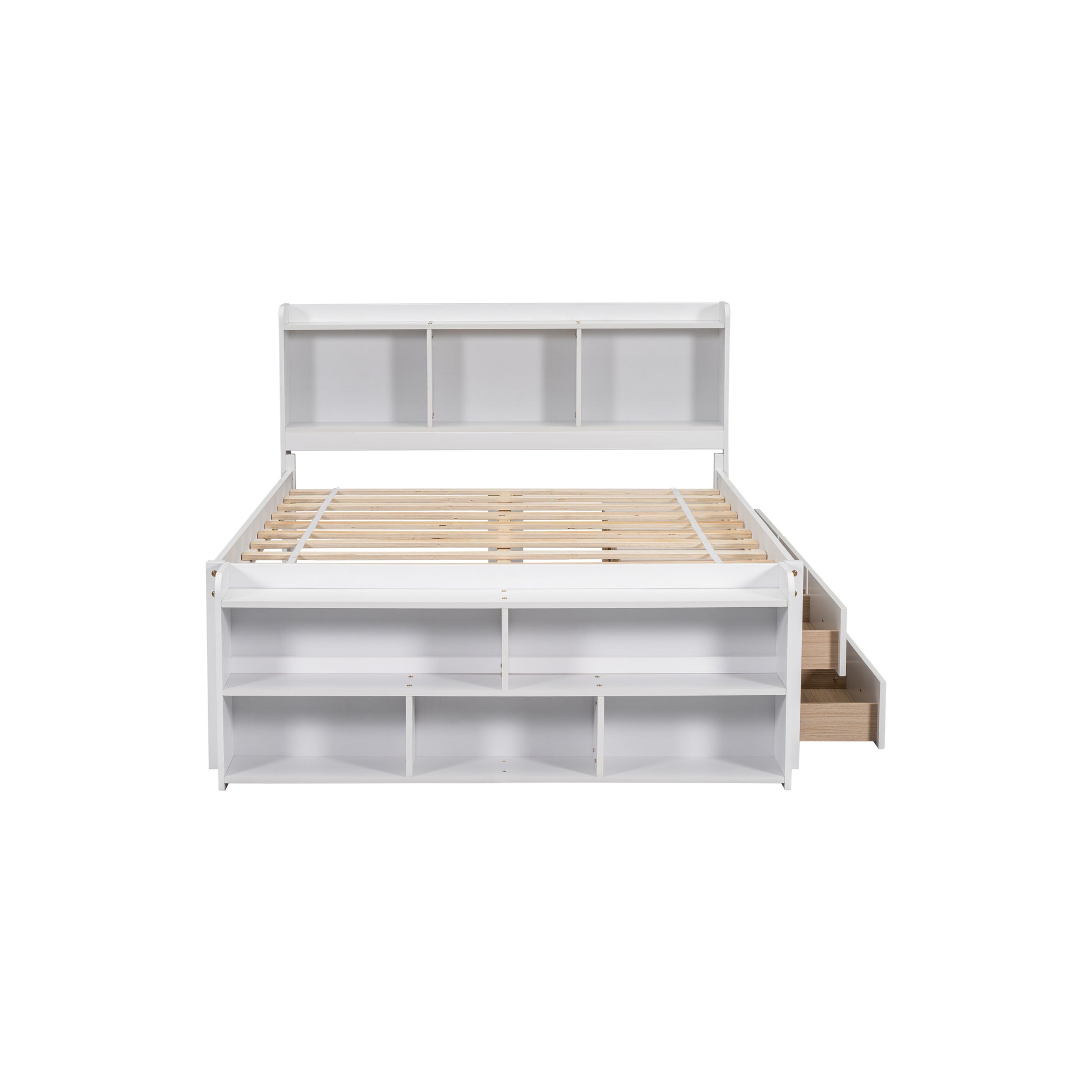 White storage bed frame with shelves in headboard and under the bed