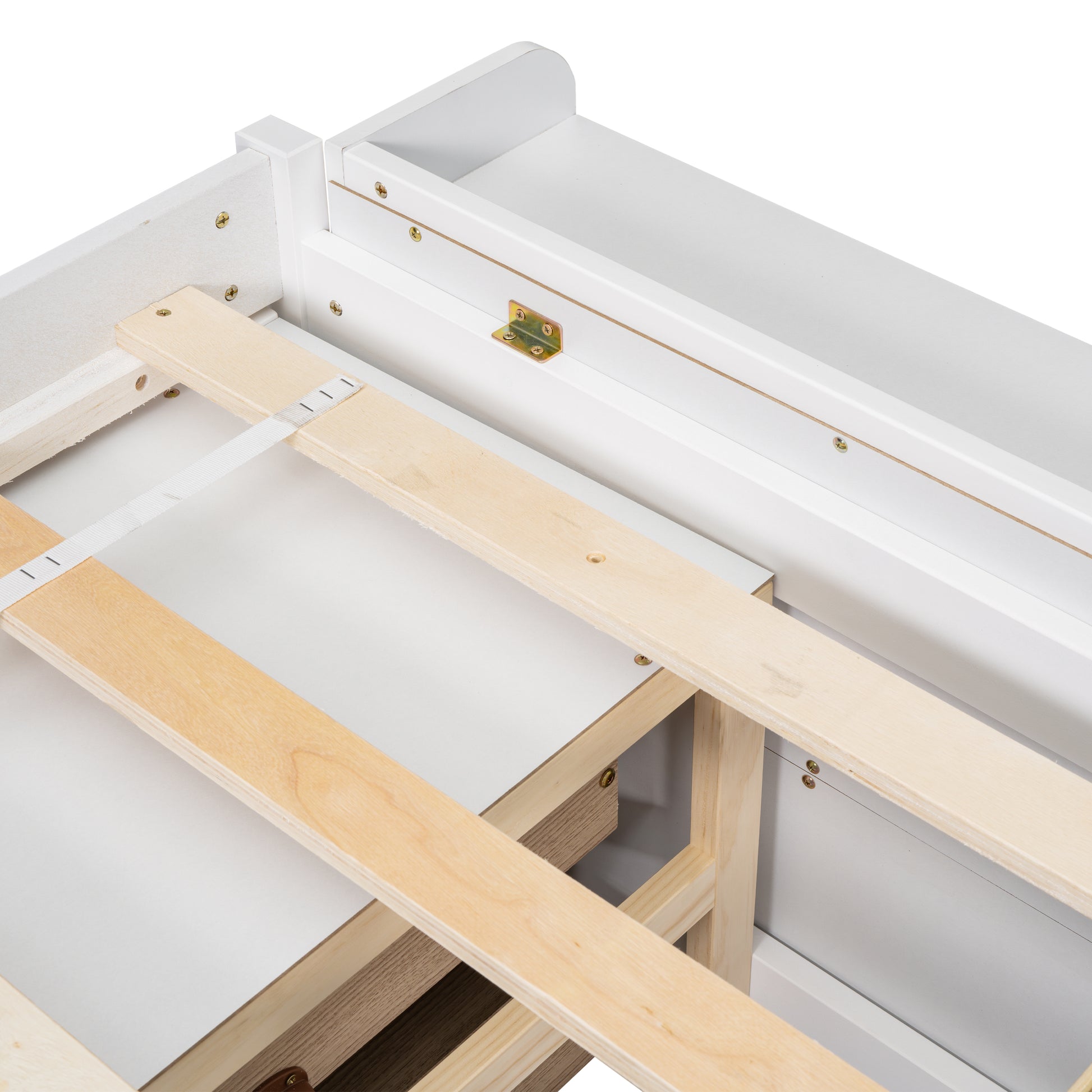 White wood bed frame support slats with metal bracket