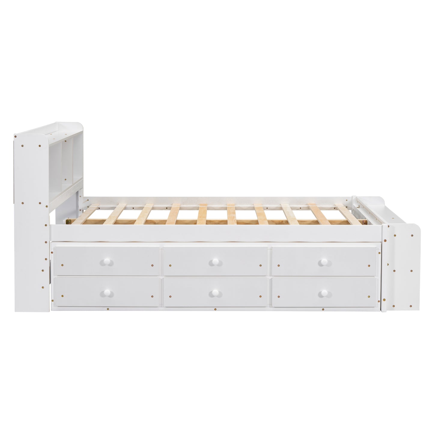 White wooden twin bed frame with builtin bookshelf headboard and six storage drawers