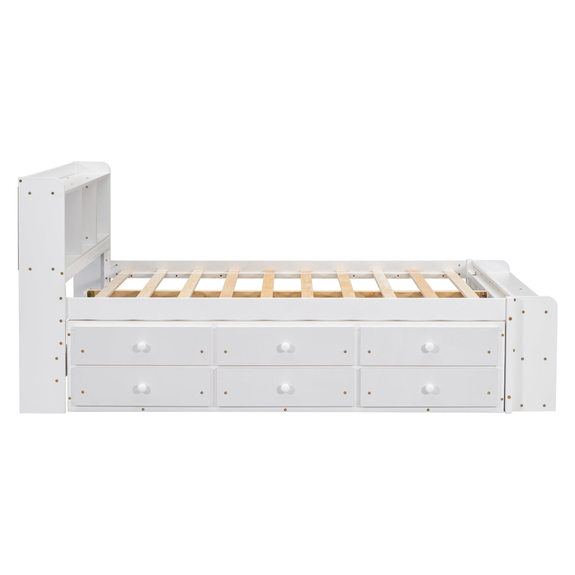 White wooden twin bed frame with builtin bookshelf headboard and six storage drawers