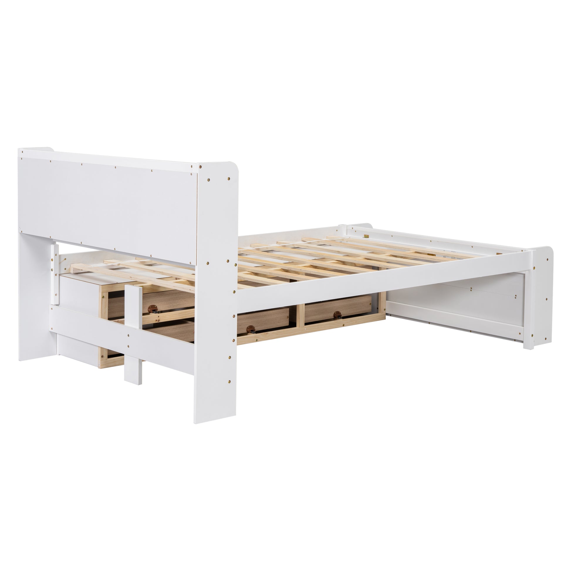 White twin bed frame with pullout drawers on the side