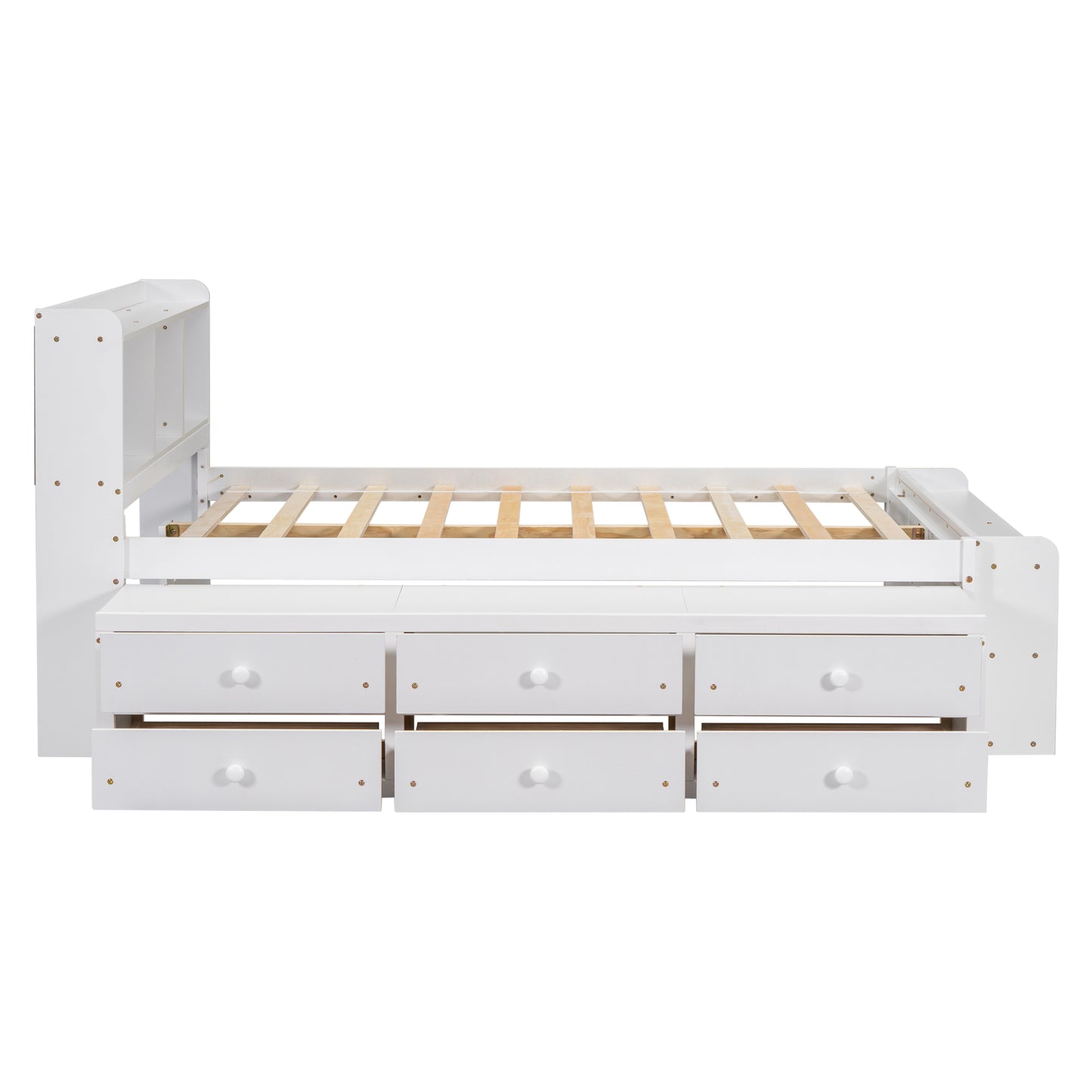 White wooden twin bed frame with headboard bookshelf and six drawers