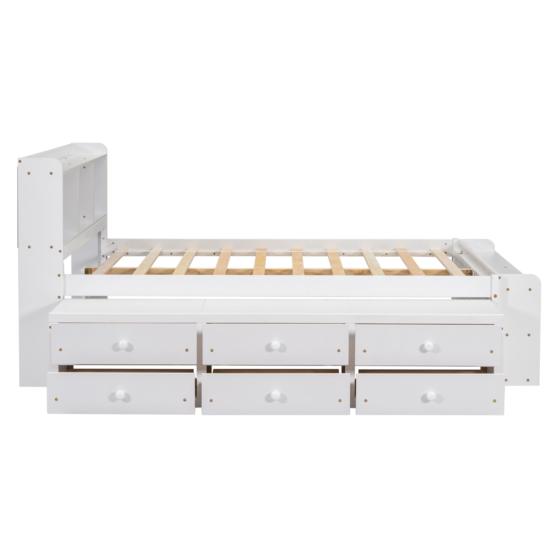 White wooden twin bed frame with headboard bookshelf and six drawers