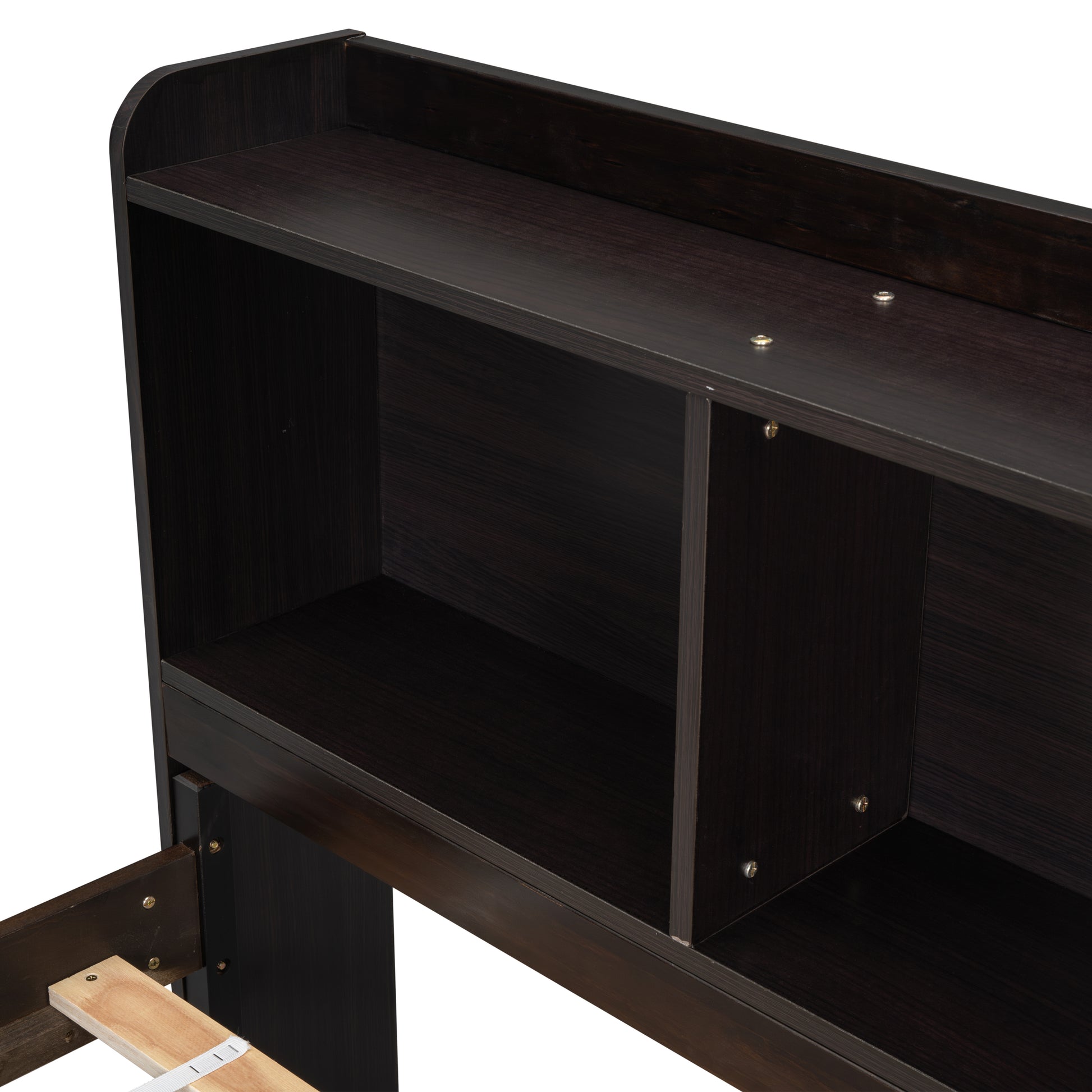 Dark brown wood headboard with builtin shelving