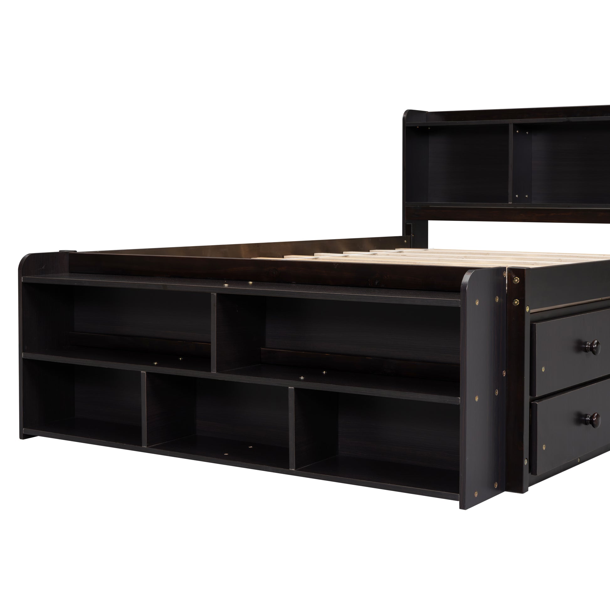 Dark brown wood twin bed frame with  storage shelves