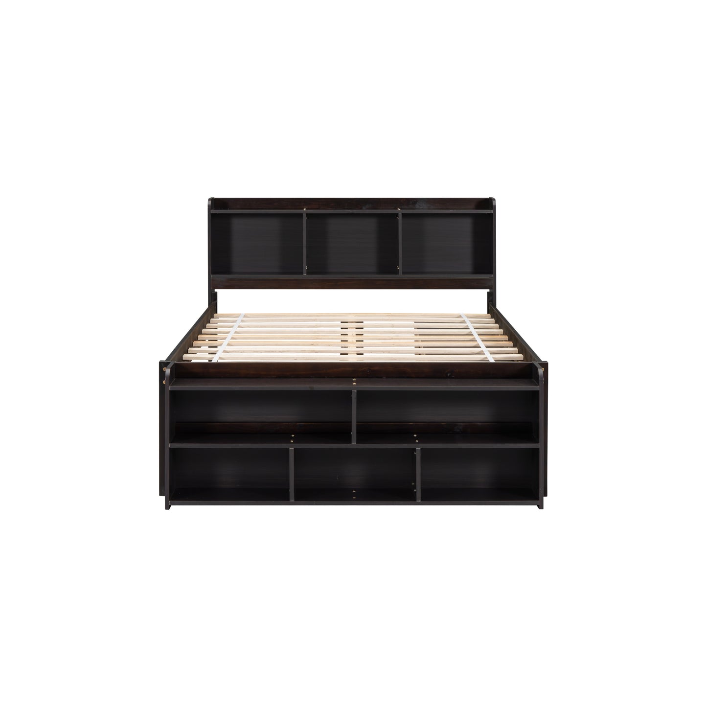 Dark espresso wood platform bed with builtin headboard shelves and six storage drawers
