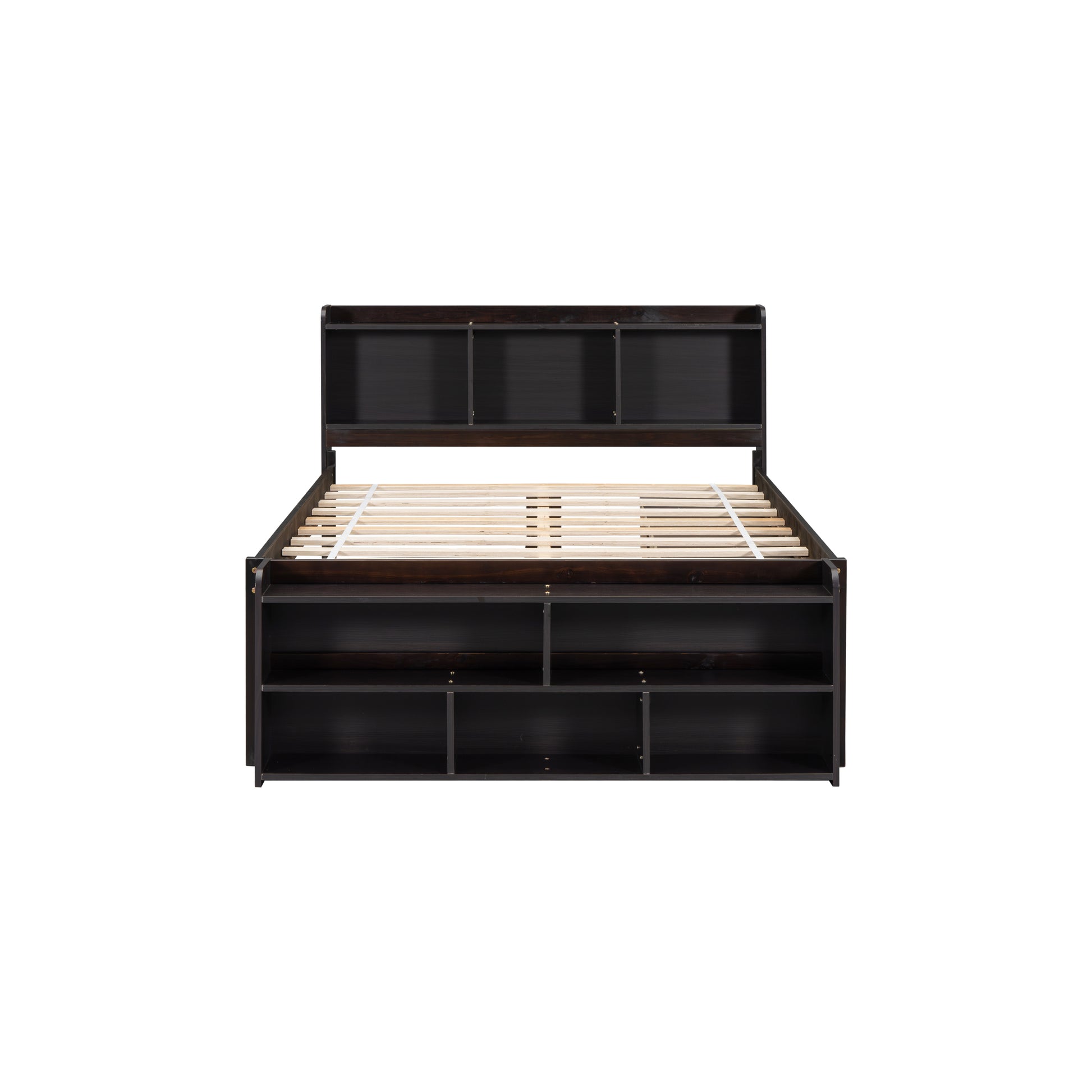 Dark espresso wood platform bed with builtin headboard shelves and six storage drawers