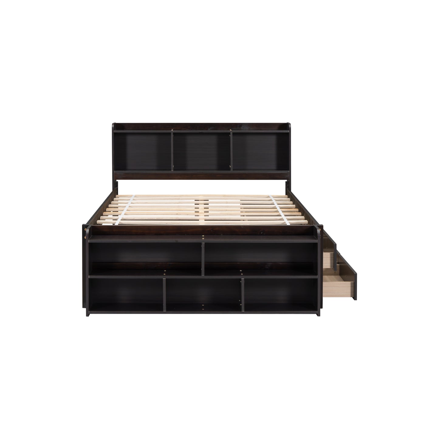 Dark brown wooden bed frame with headboard shelves and storage drawers
