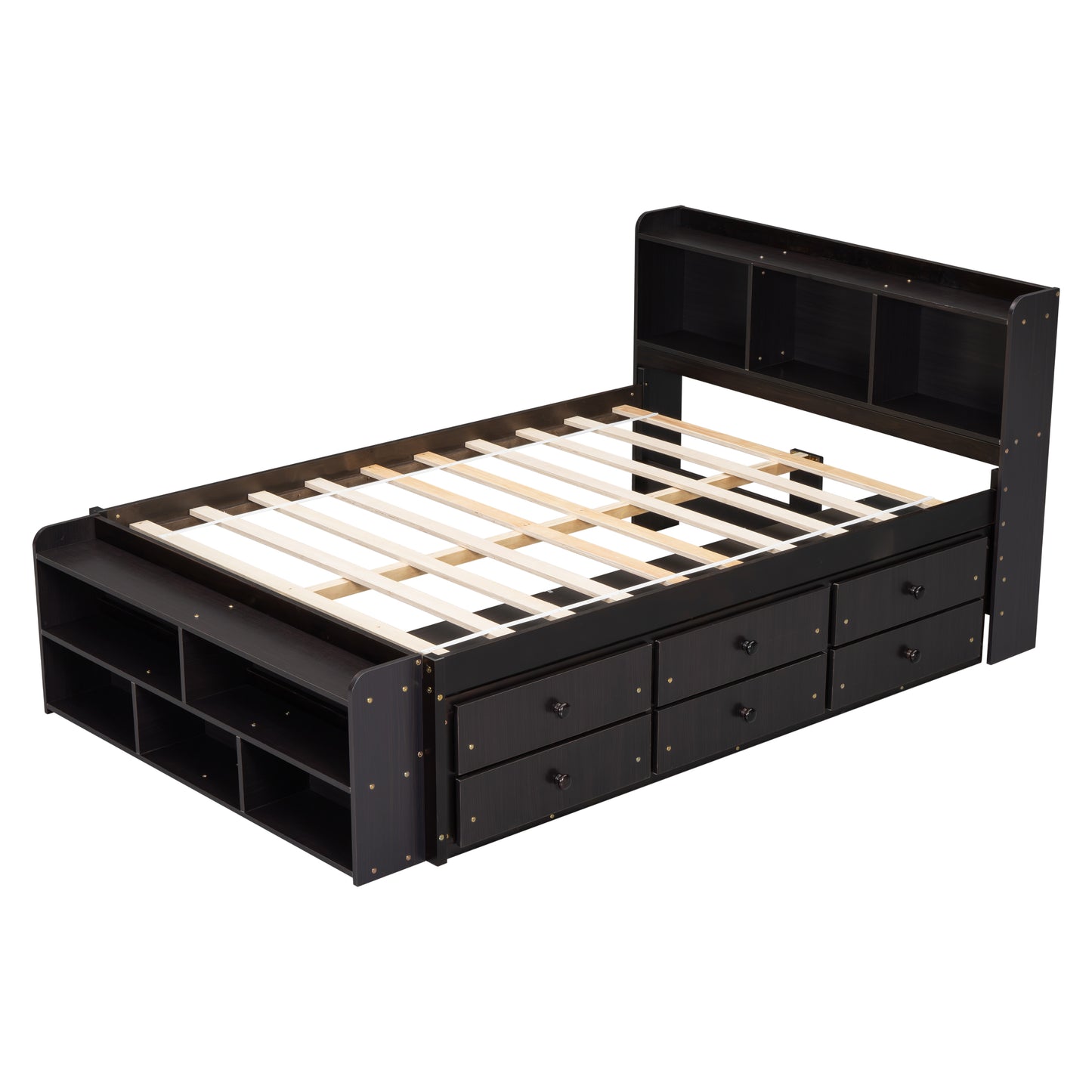 Dark wood bed frame with multiple drawers and side storage shelves