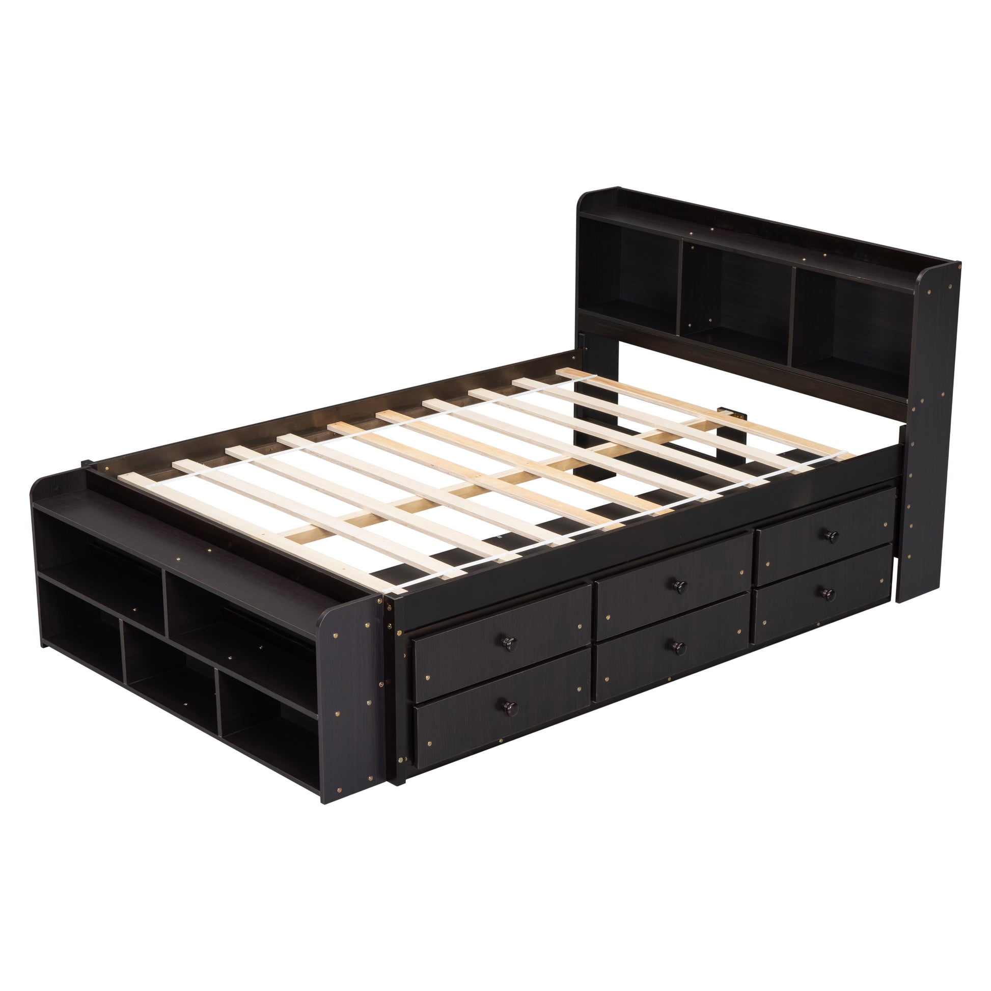Dark wood bed frame with multiple drawers and side storage shelves