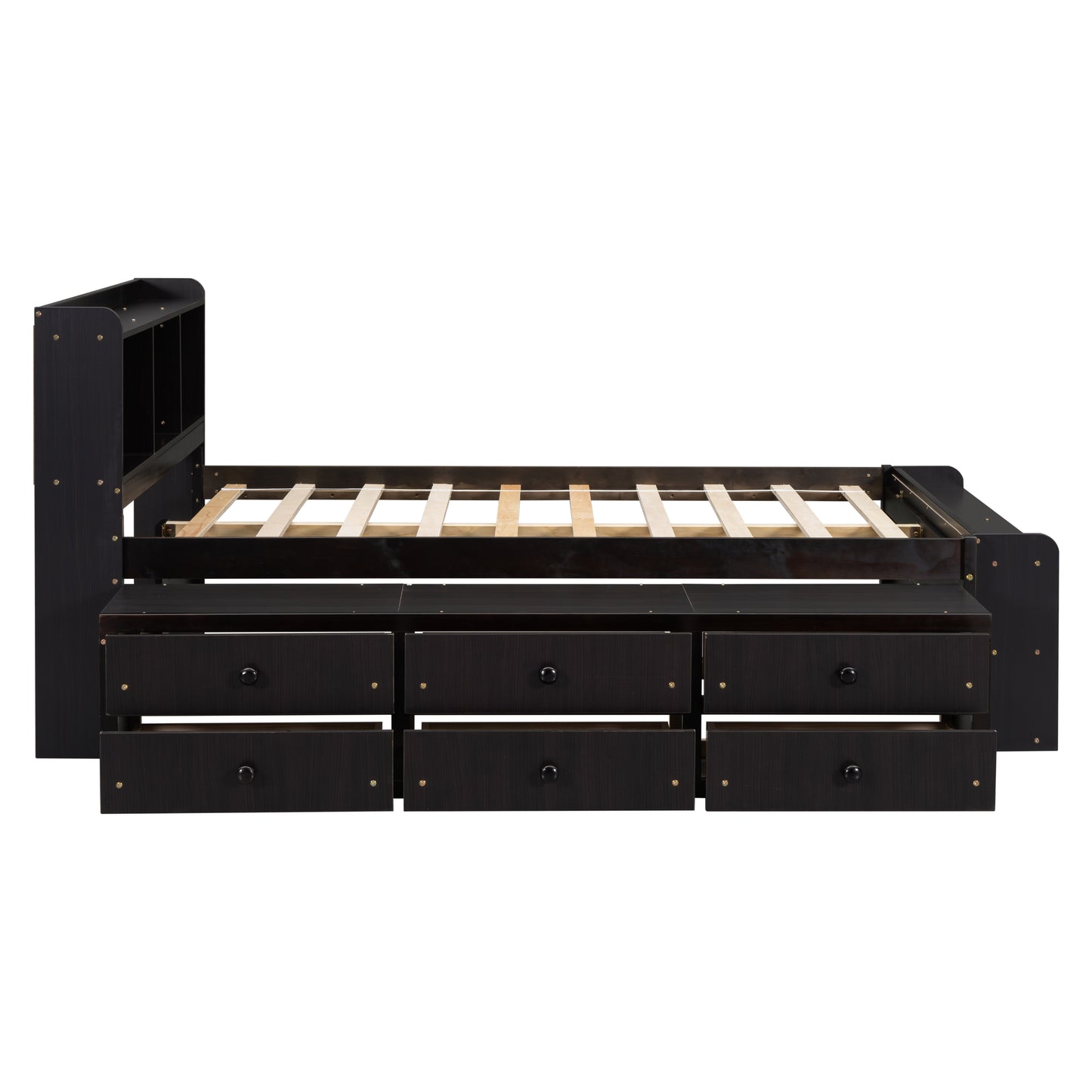 Dark wood twin bed frame with builtin bookcase headboard and six storage drawers