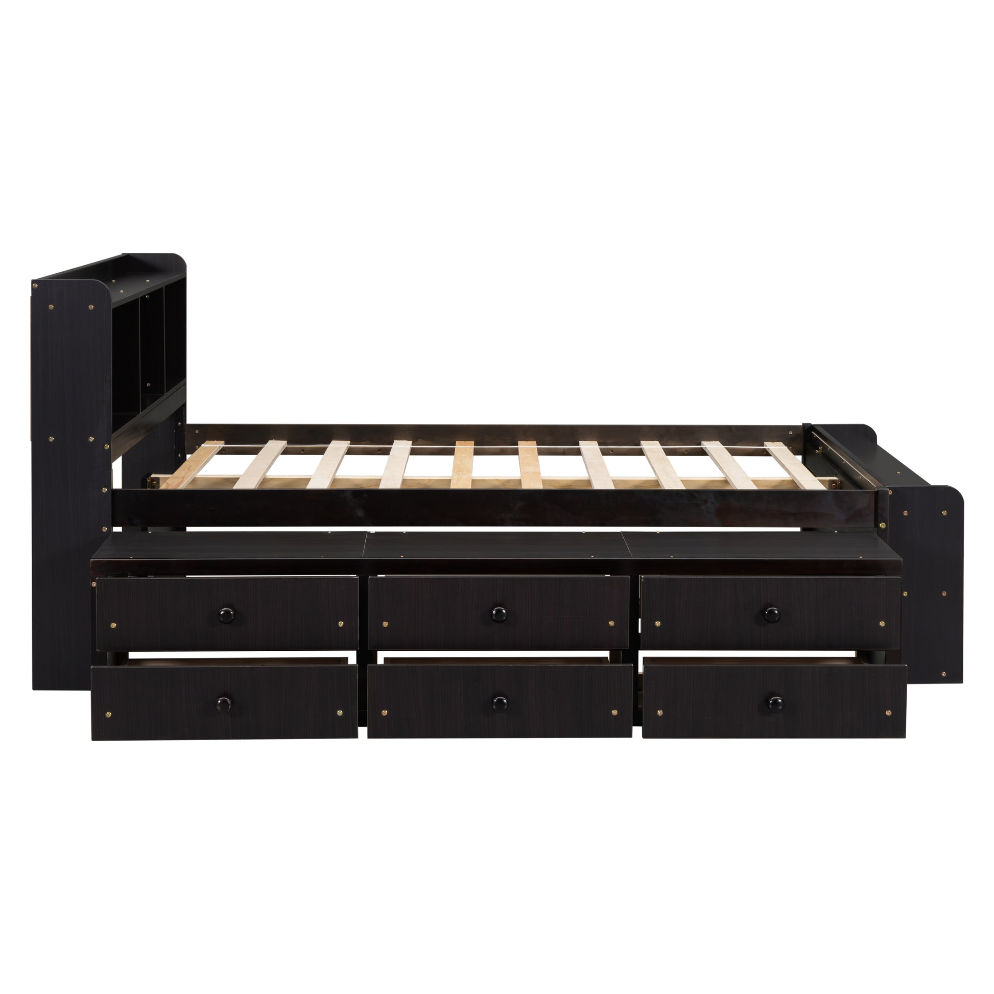 Dark wood twin bed frame with builtin bookcase headboard and six storage drawers