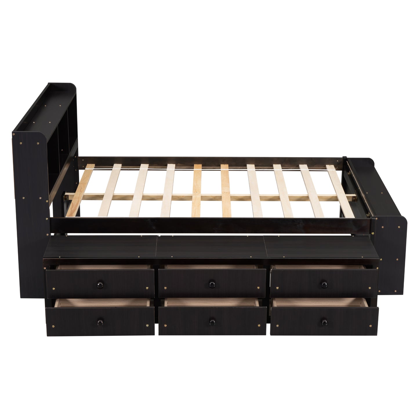 Dark espresso daybed frame with builtin storage drawers and shelving